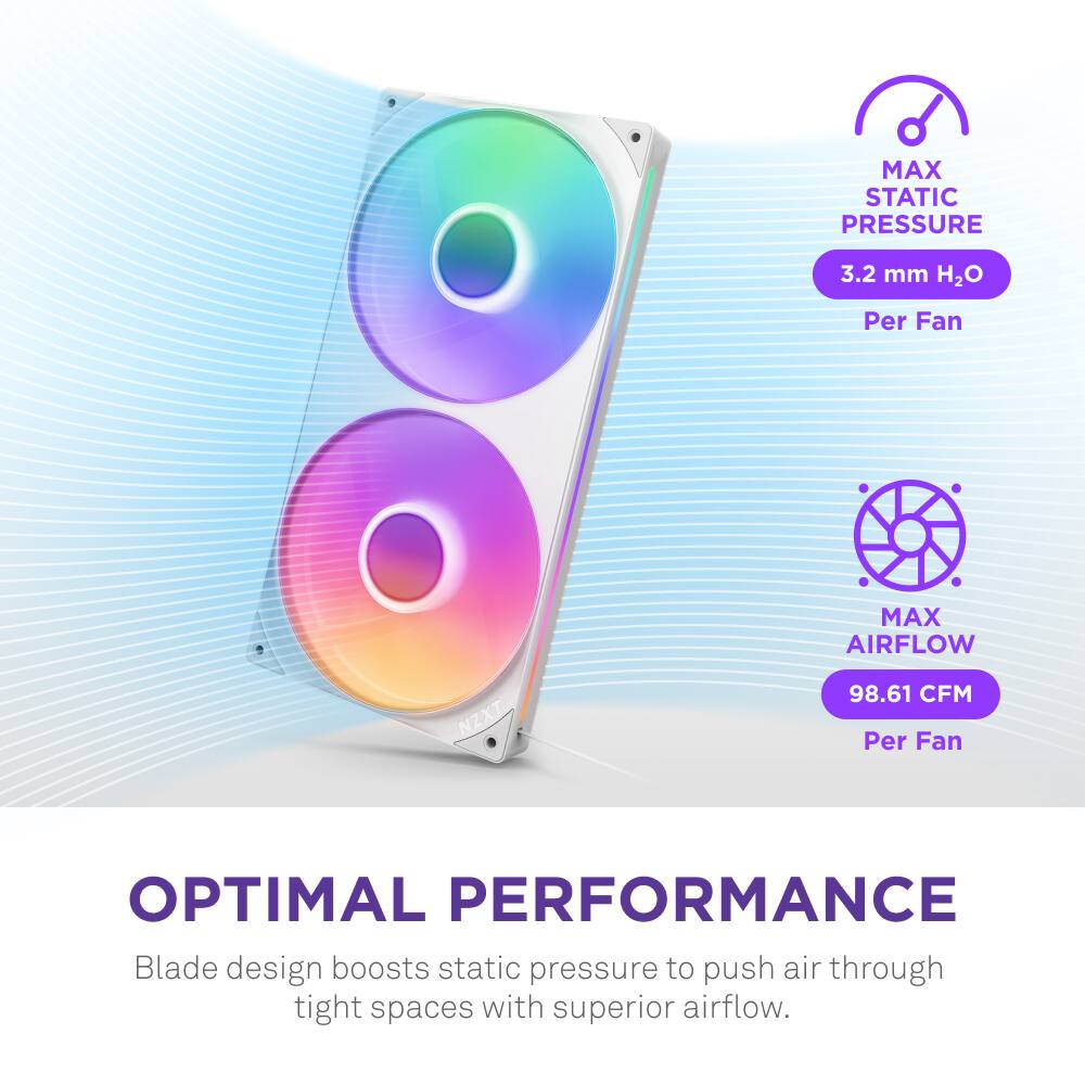 The text on the image is grouped and corrected as follows:

"Optimal Performance: Blade design boosts static pressure to push air through tight spaces with superior airflow."