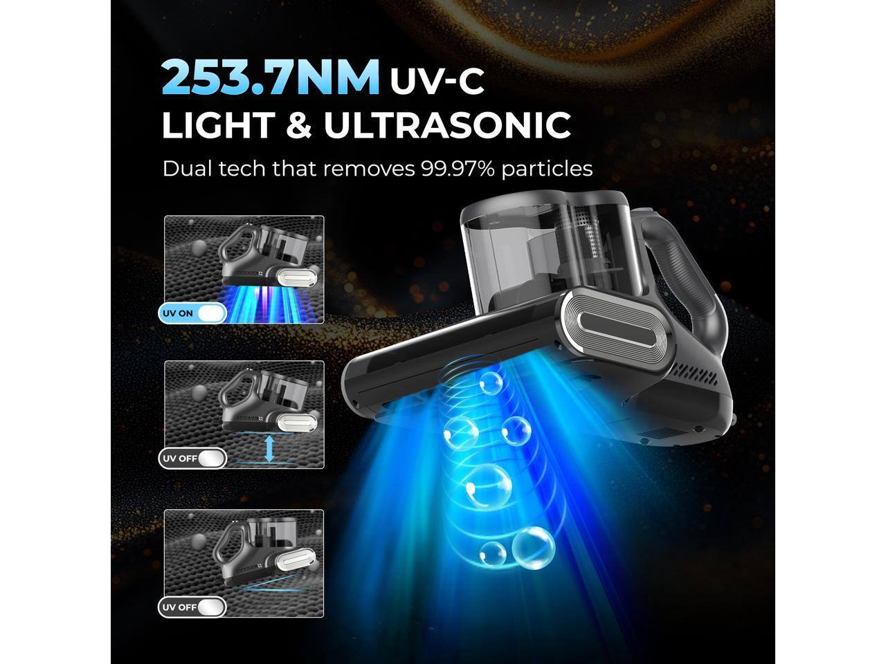 253.7NM UV-C LIGHT & ULTRASONIC  
Dual tech that removes 99.97% particles  

UV ON  
UV OFF  
UV OFF
