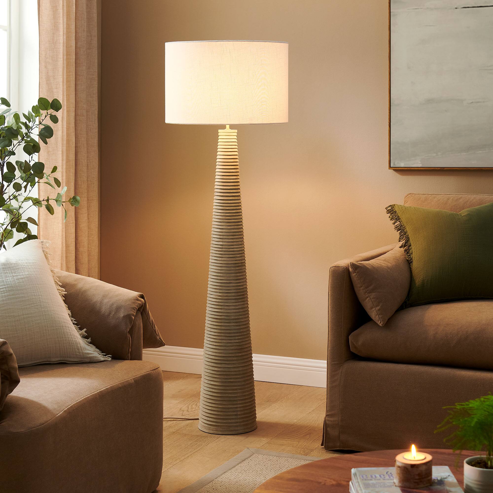 Alt View 1. Modway - Saylor Carved Ribbed Wood Floor Lamp With Drum Shade by Modway - White Gray.