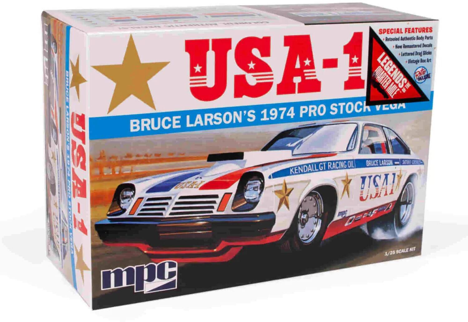 SPECIAL FEATURES  
- Retooled Authentic Body Parts  
- New Remastered Decals  
- Lettered Drag Slicks  
- Vintage Box Art  

USA-1  
QUARTER MILE LEGENDS  
THE DELURE PRO STOCK VEGA  
BRUCE LARSON'S 1974 PRO STOCK VEGA  

BRUCE LARSON  
KENDALL GT RACING OIL  
USA-1  

1/25 SCALE KIT  

mpc