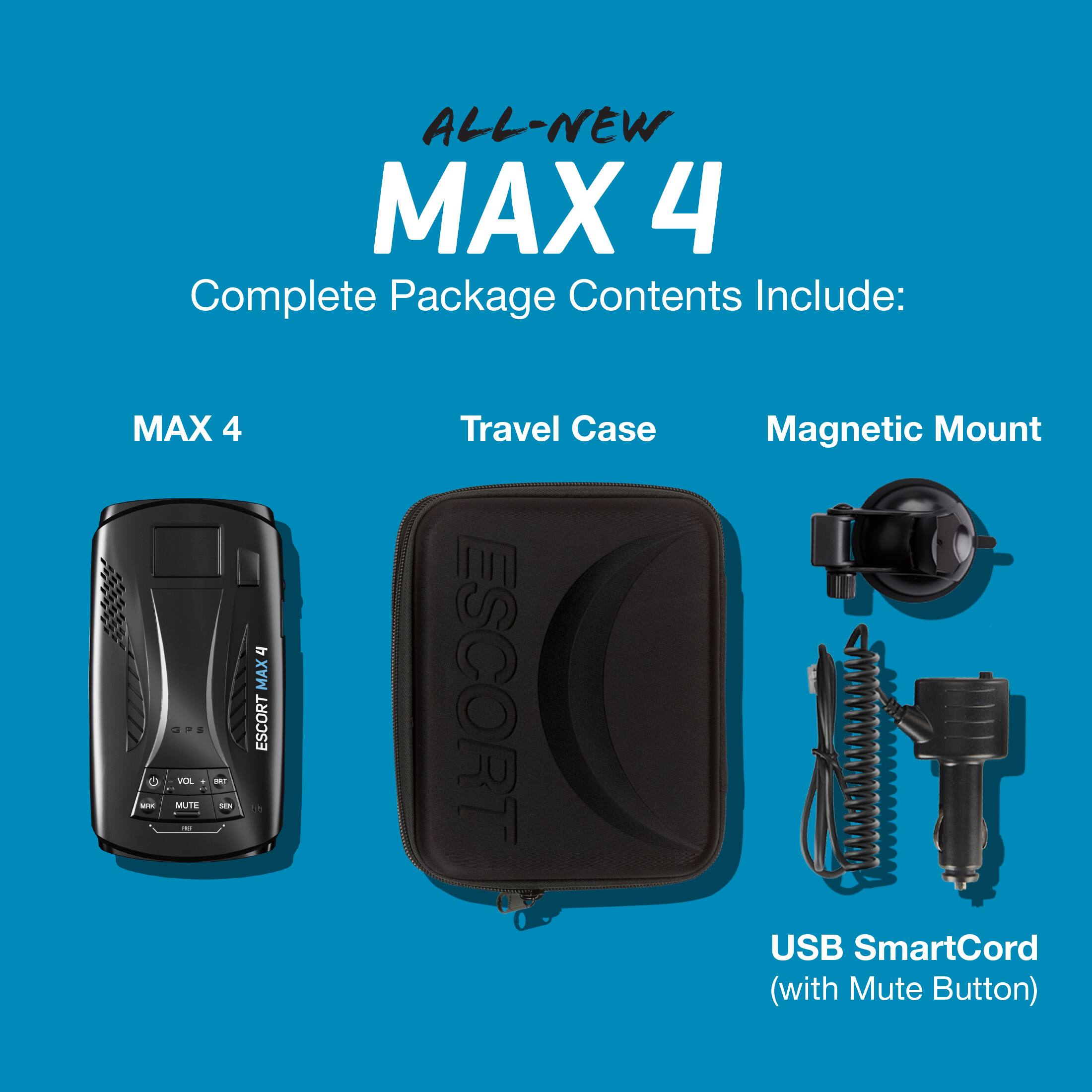 The text on the image is already grouped and correctly written. It reads: "All-New MAX 4 Complete Package Contents Include: MAX 4 F MAX4 ... ESCORT . VOL . - -rm MUTE -. A Travel Case ESCORT Magnetic Mount USB SmartCord (with Mute Button)."