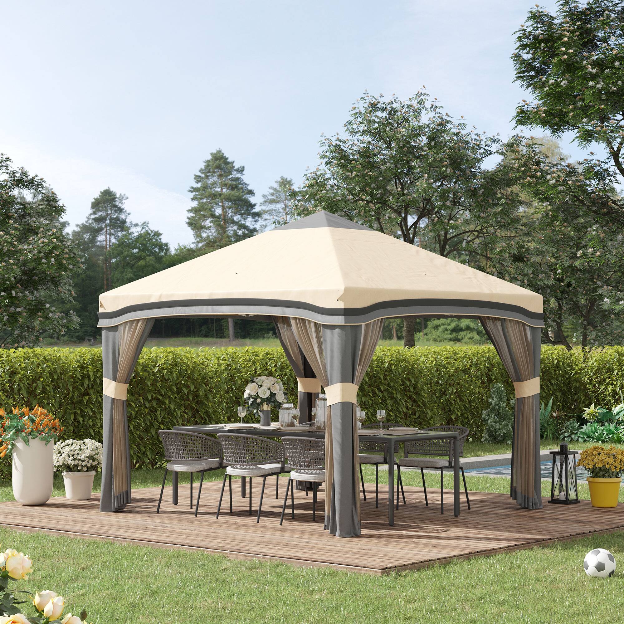 Alt View 1. Outsunny - 10' x 10' Pop Up Canopy Tent with Netting, Instant Tents for Parties, Height Adjustable, with Wheeled Carry Bag - Beige.