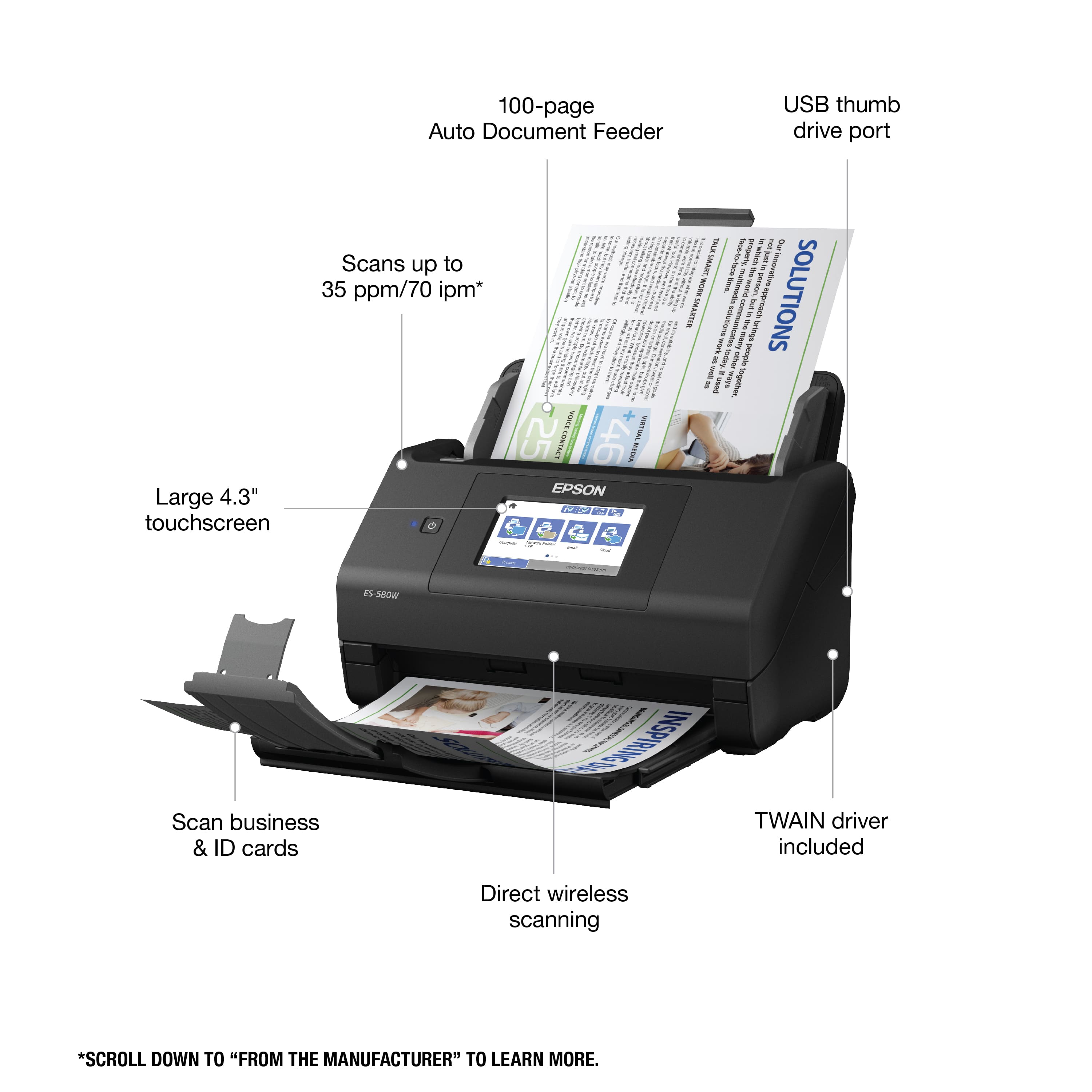 The image features a printer with a large 4.3" touchscreen and a 100-page auto document feeder. The printer is capable of scanning up to 35 pages per minute (ppm) and 70 images per minute (ipm). It also has a USB thumb drive port and is equipped with a direct wireless scanning feature. The printer is manufactured by Epson and is designed to scan business and ID cards. The image also includes a description of the printer's features and a link to learn more about the product.
