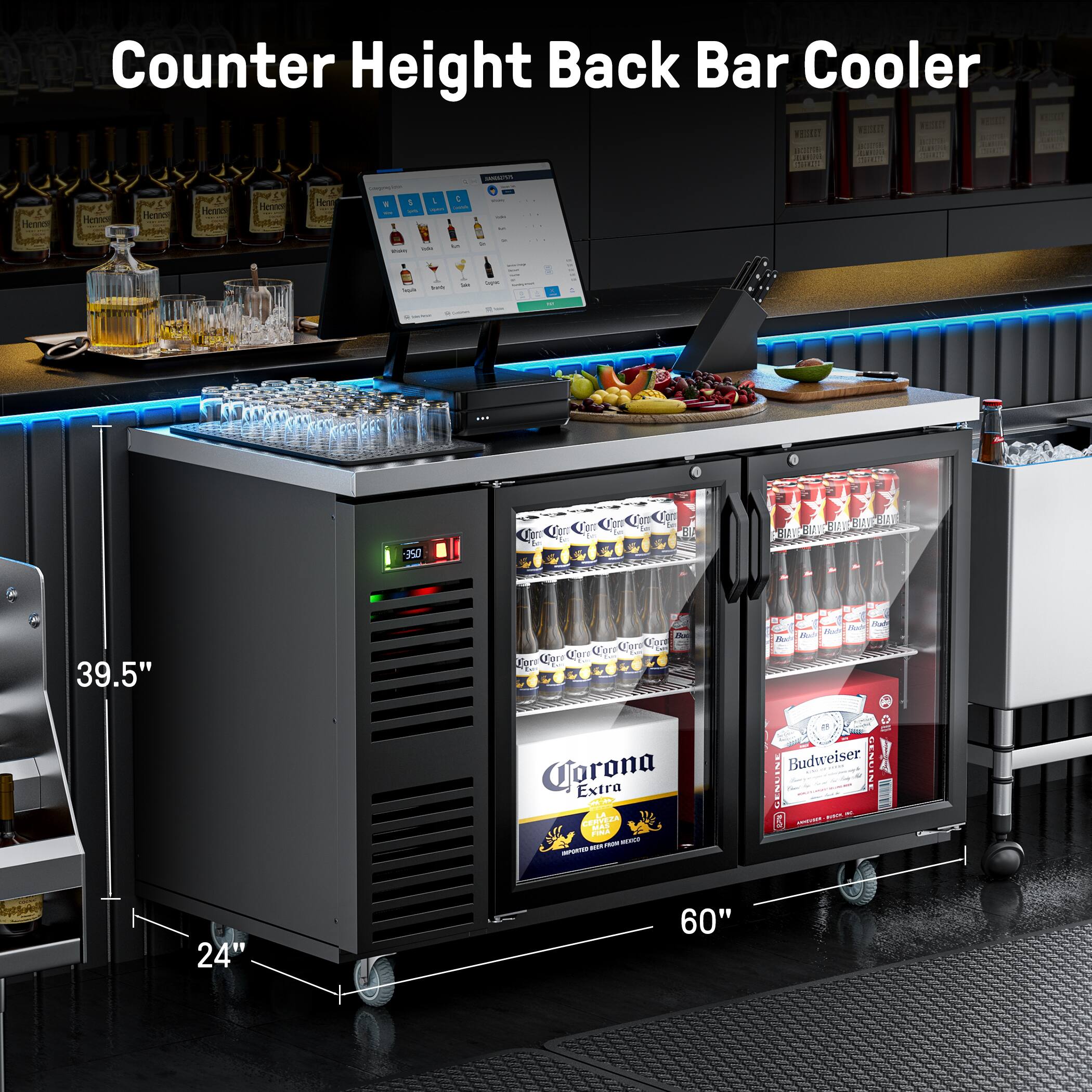 Counter Height Back Bar Cooler

- Height: 39.5"
- Depth: 24"
- Width: 60"

- Budweiser
- Corona Extra
- Genuine Heineken