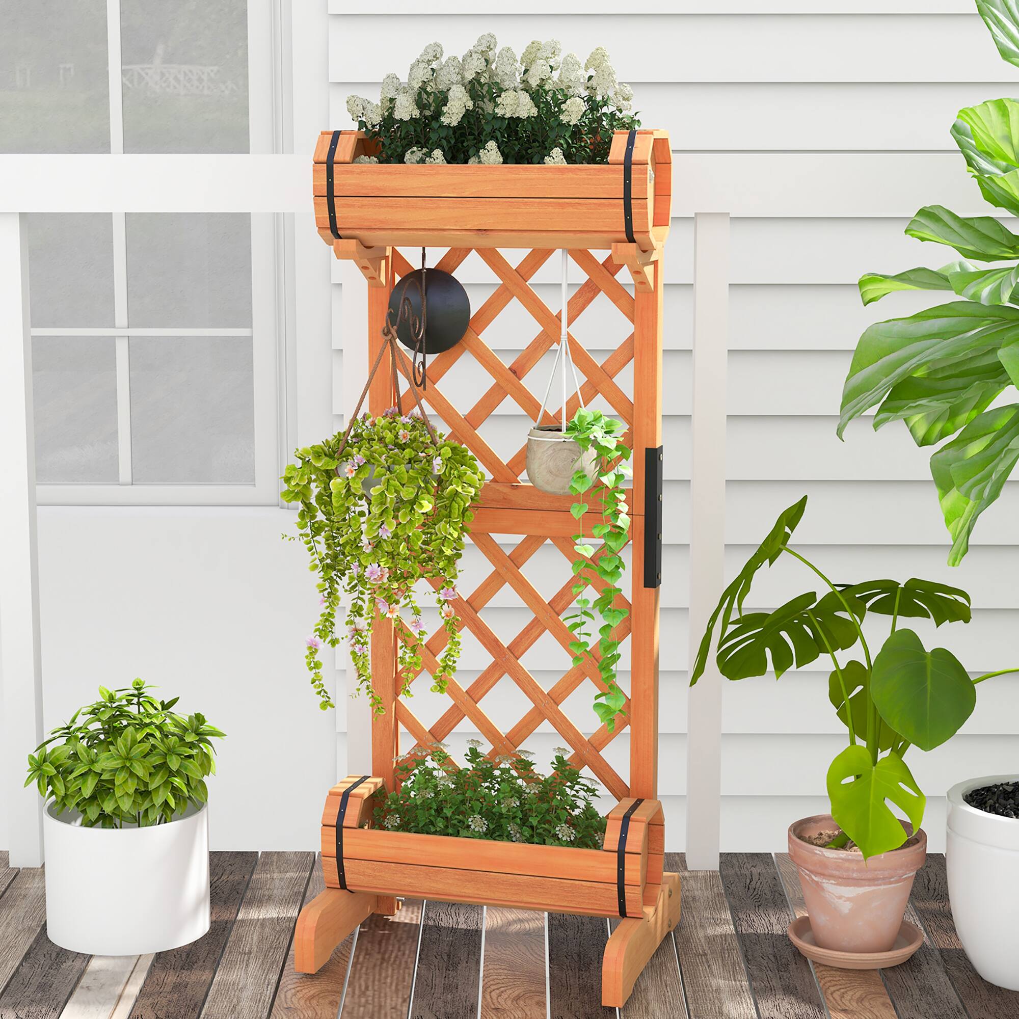 Alt View 1. Gymax - Gymax 2-Tier Raised Planter Garden Wooden Bed w/ 2 Cylindrical Planter Boxes - Orange.