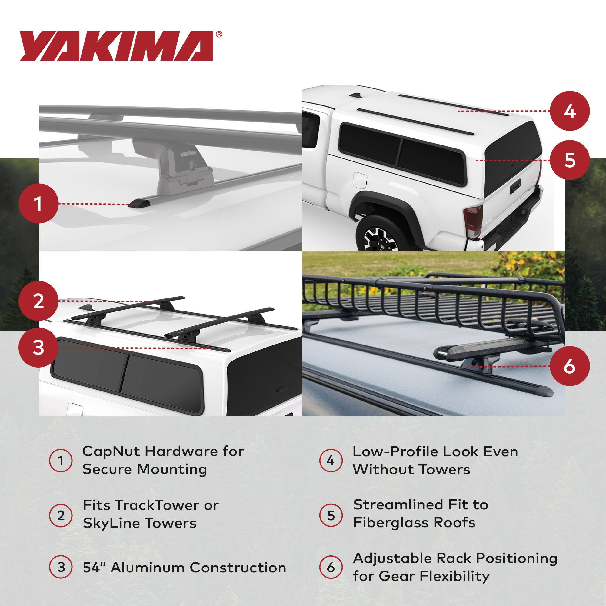 YAKIMA 4 - 5 1 2 3 6 1 CapNut Hardware for Secure Mounting Low-Profile Look Even Without Towers Fits TrackTower or SkyLine Towers Streamlined Fit to Fiberglass Roofs 3 54" Aluminum Construction Adjustable Rack Positioning for Gear Flexibility