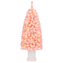 Costway - 1 PCS 4 FT Artificial Xmas Tree with 224/308 Full Branch Tips, 100/130 Warm White LED Lights - Pink