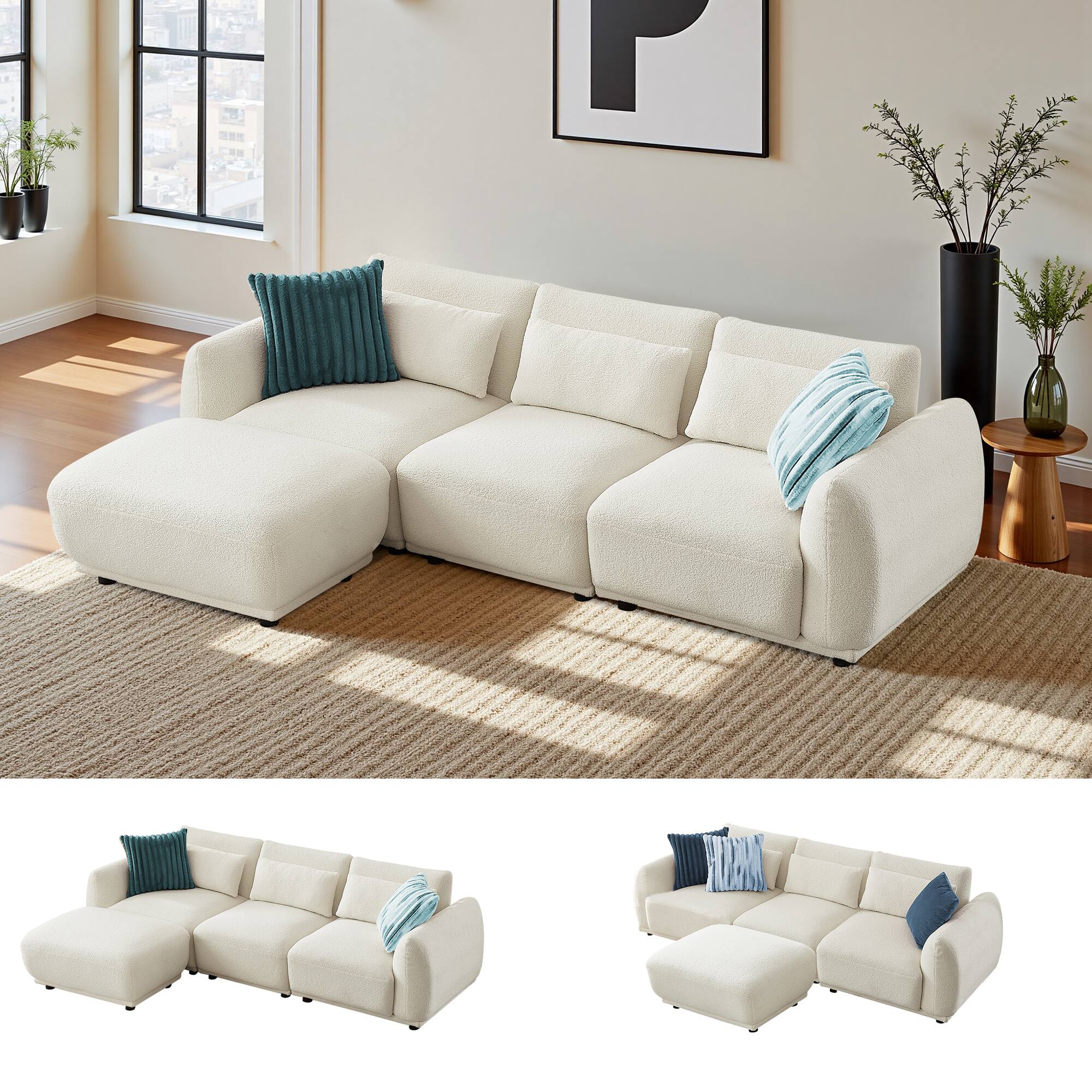 Front. Meqiodas - Modern Sectional Sofa, Modular L-Shaped Cloud Couch, Convertible Modular Sectional Sofa with Ottoman - Beige(3+1).