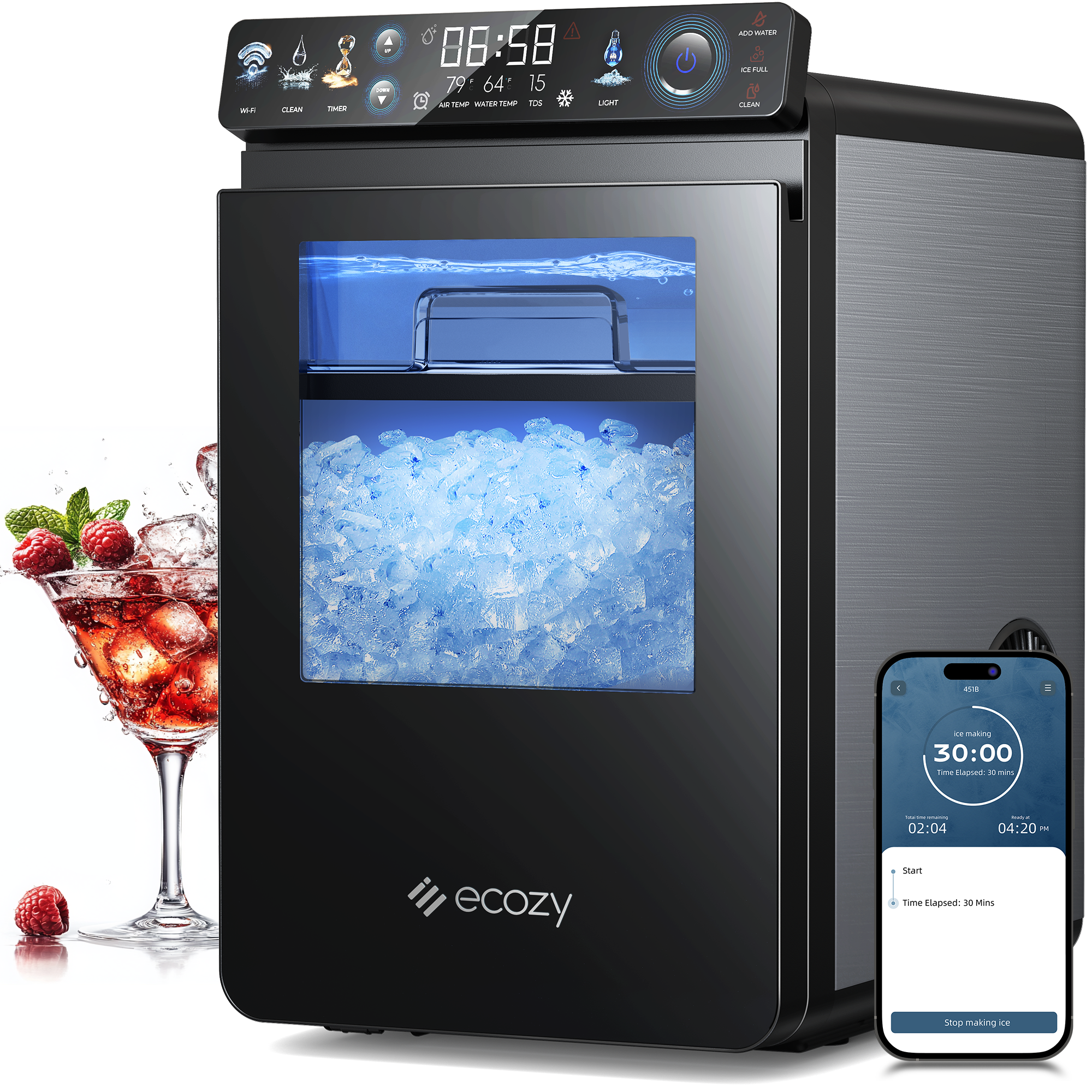 Ecozy - Smart Nugget Ice Maker Countertop, First Full-Color Smart Panel Ice Machine with APP Control, 44 lbs/24H - Stainless Steel