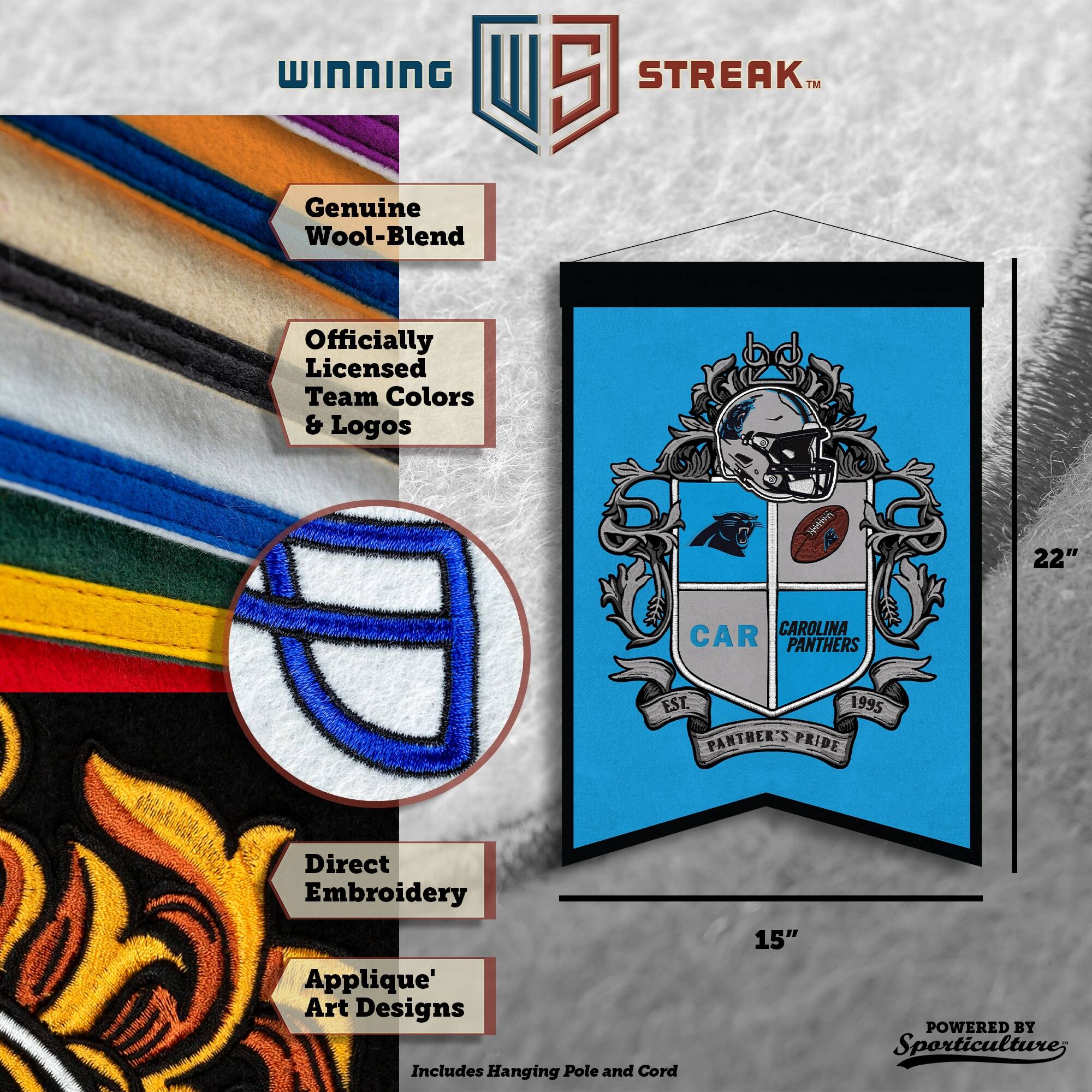 WINNING I 5 STREAK™ Genuine Wool-Blend Officially Licensed Team Colors & Logos bd W 22" CAROLINA CAR PANTHERS EST. 1995 PANTHER'S PRIDE Direct Embroidery Applique' Art Designs Includes Hanging Pole and Cord 15" POWERED BY Sporticulture