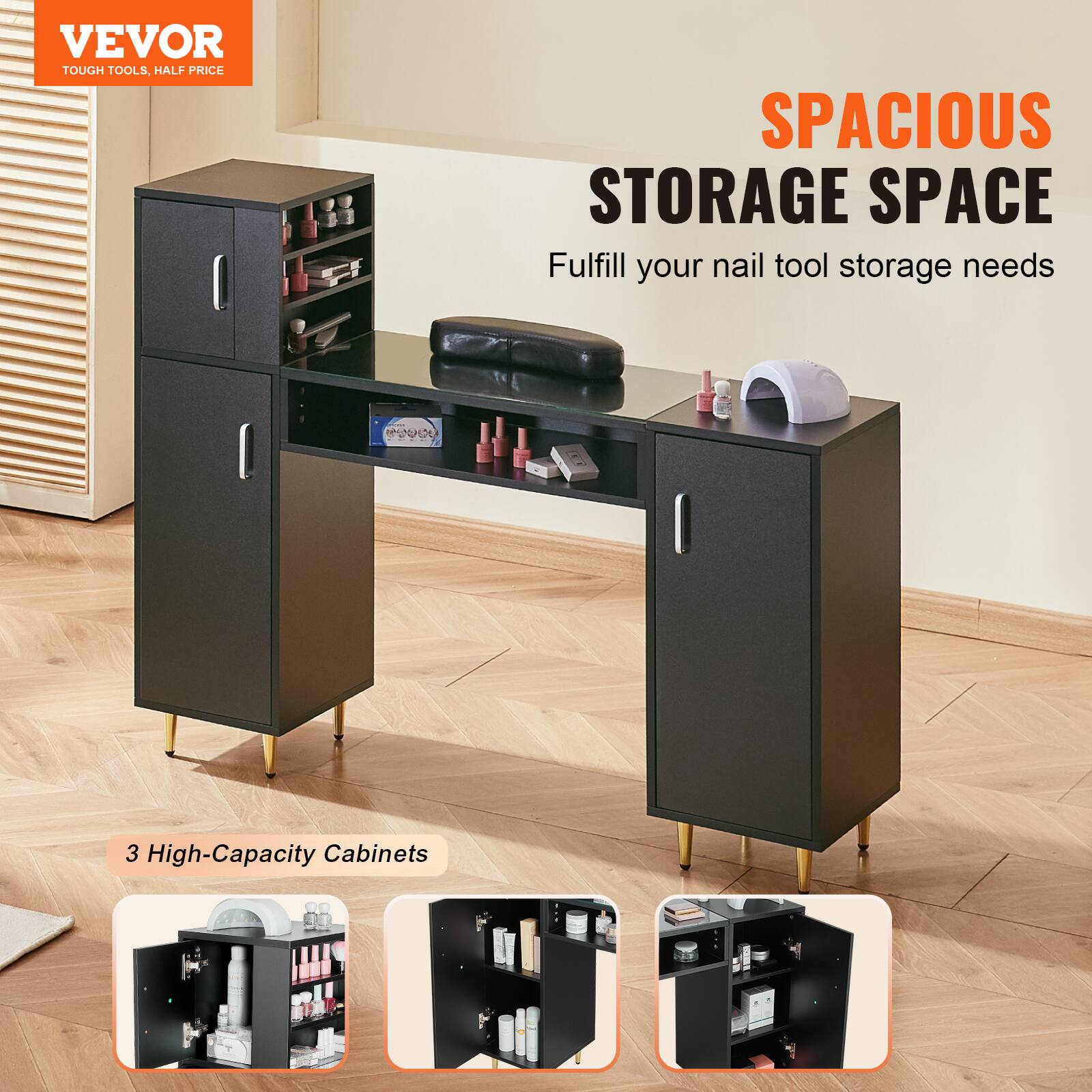 VEVOR TOUGH TOOLS. HALF PRICE. SPACIOUS STORAGE SPACE. Fulfill your nail tool storage needs. 3 High-Capacity Cabinets.