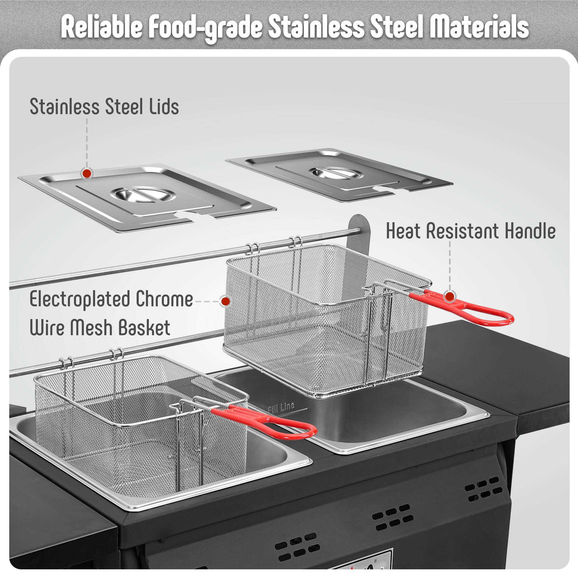 Reliable Food-grade Stainless Steel Materials

- Stainless Steel Lids
- Heat Resistant Handle
- Electroplated Chrome Wire Mesh Basket