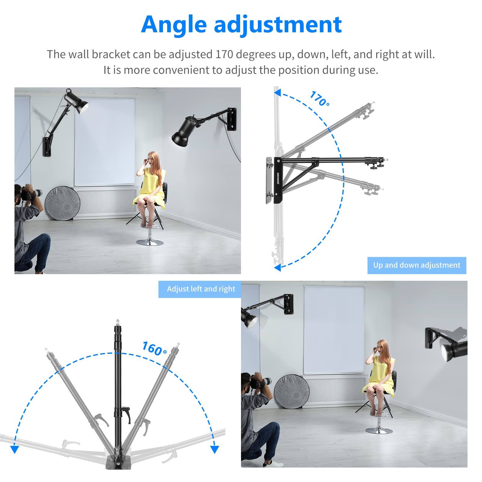 Angle adjustment

The wall bracket can be adjusted 170 degrees up, down, left, and right at will. It is more convenient to adjust the position during use.

170° Up and down adjustment

160° Adjust left and right