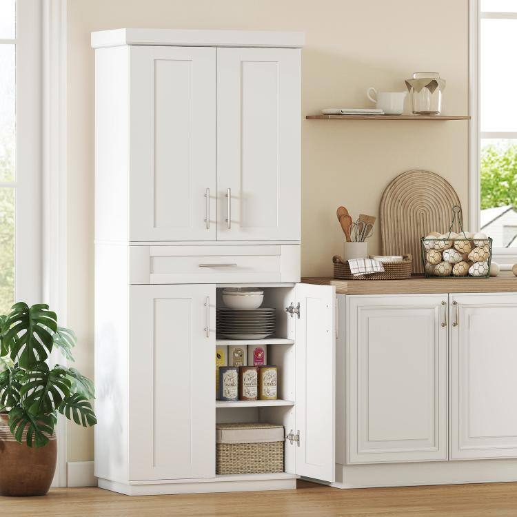 Alt View 1. PULUZ - Modern Kitchen Pantry Freestanding Cabinet Cupboard with Doors and Drawer, Adjustable Shelving - White.