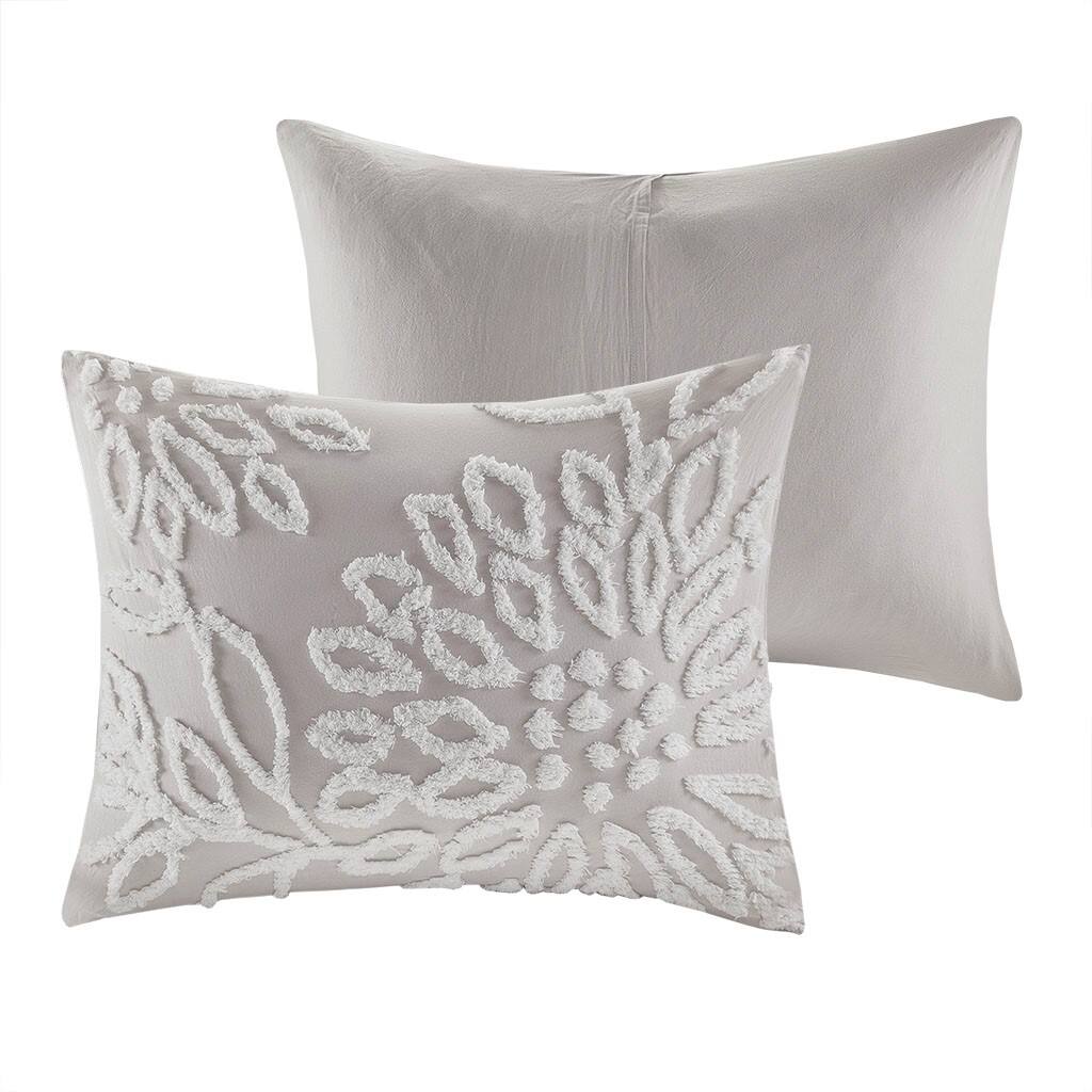 Alt View 4. Gracie Mills - Gracie Mills Anita 3-Piece Tufted Cotton Chenille Floral Duvet Cover Set - Warm Grey/White.