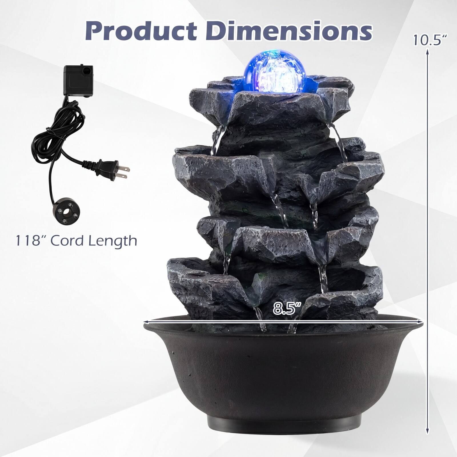 Product Dimensions: 10.5"  
Cord Length: 118"  
8.5"