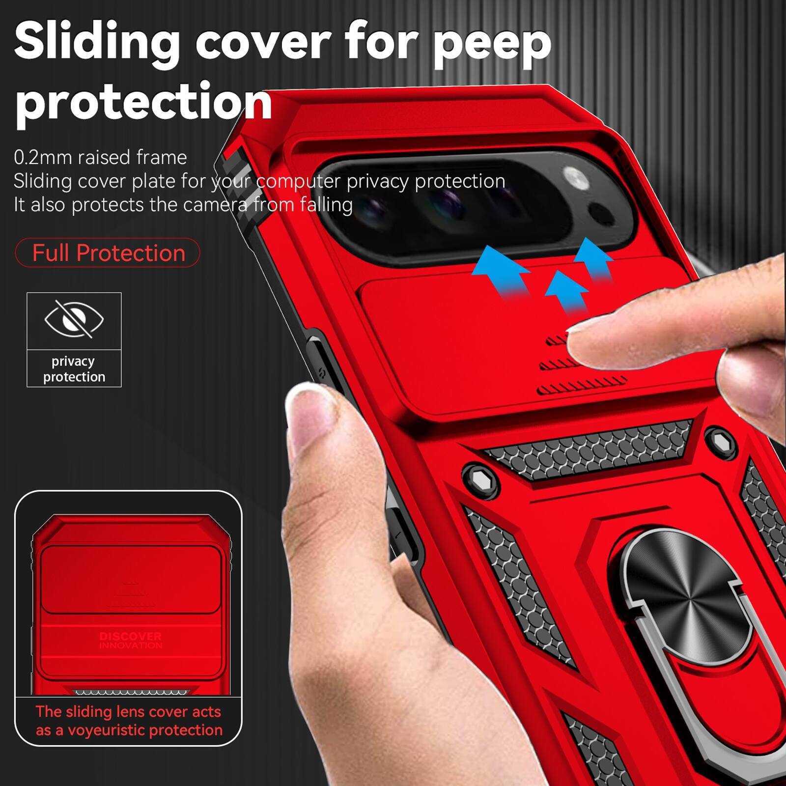 Sliding cover for peep protection  
0.2mm raised frame  
Sliding cover plate for your computer privacy protection  
It also protects the camera from falling  

Full Protection  
privacy protection  

DISCOVER INNOVATION  
The sliding lens cover acts as a voyeuristic protection