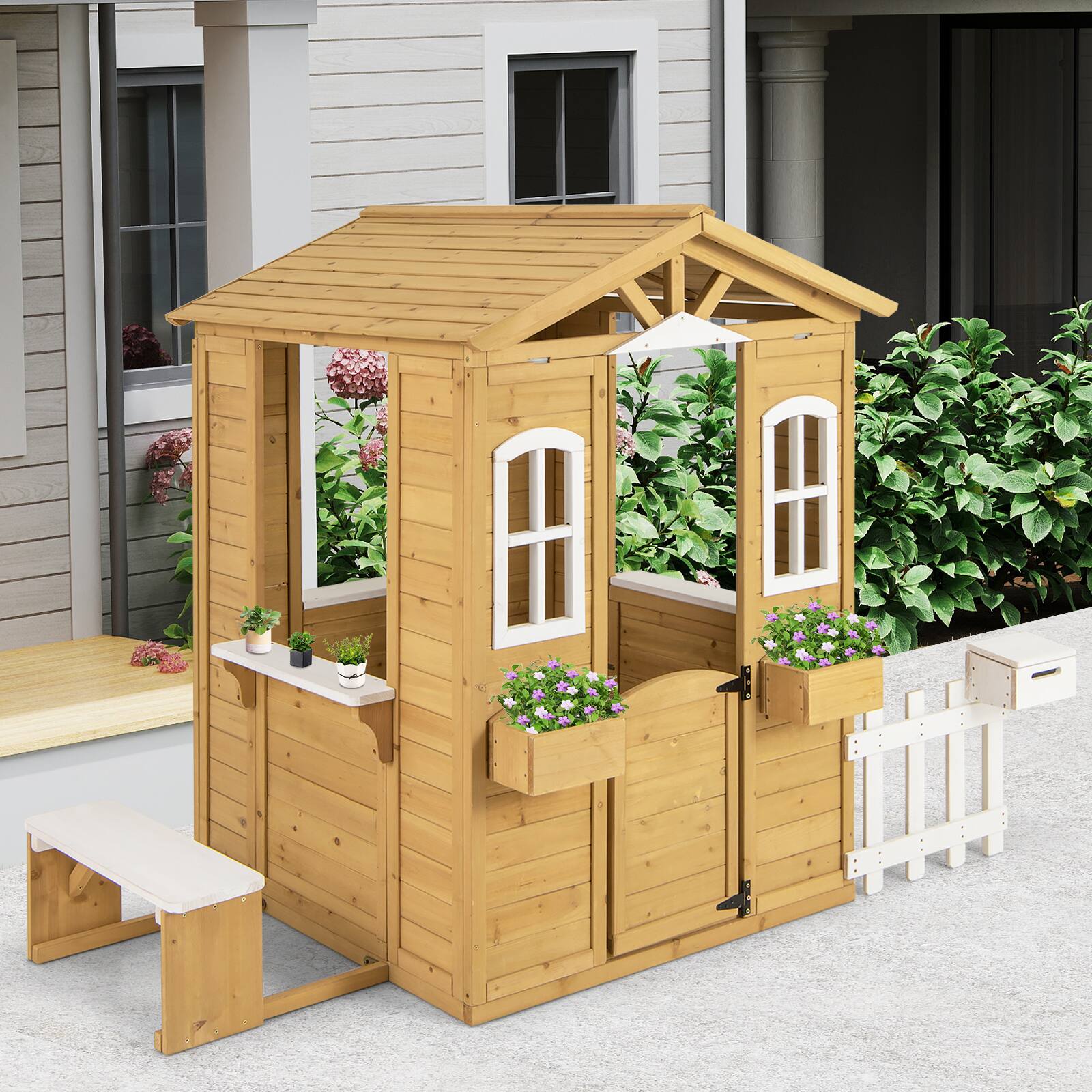 Alt View 1. Gymax - Gymax Wood Playhouse for Kids Outdoor Adventures Cottage w/ Bench Play Game Center - Natural, White.