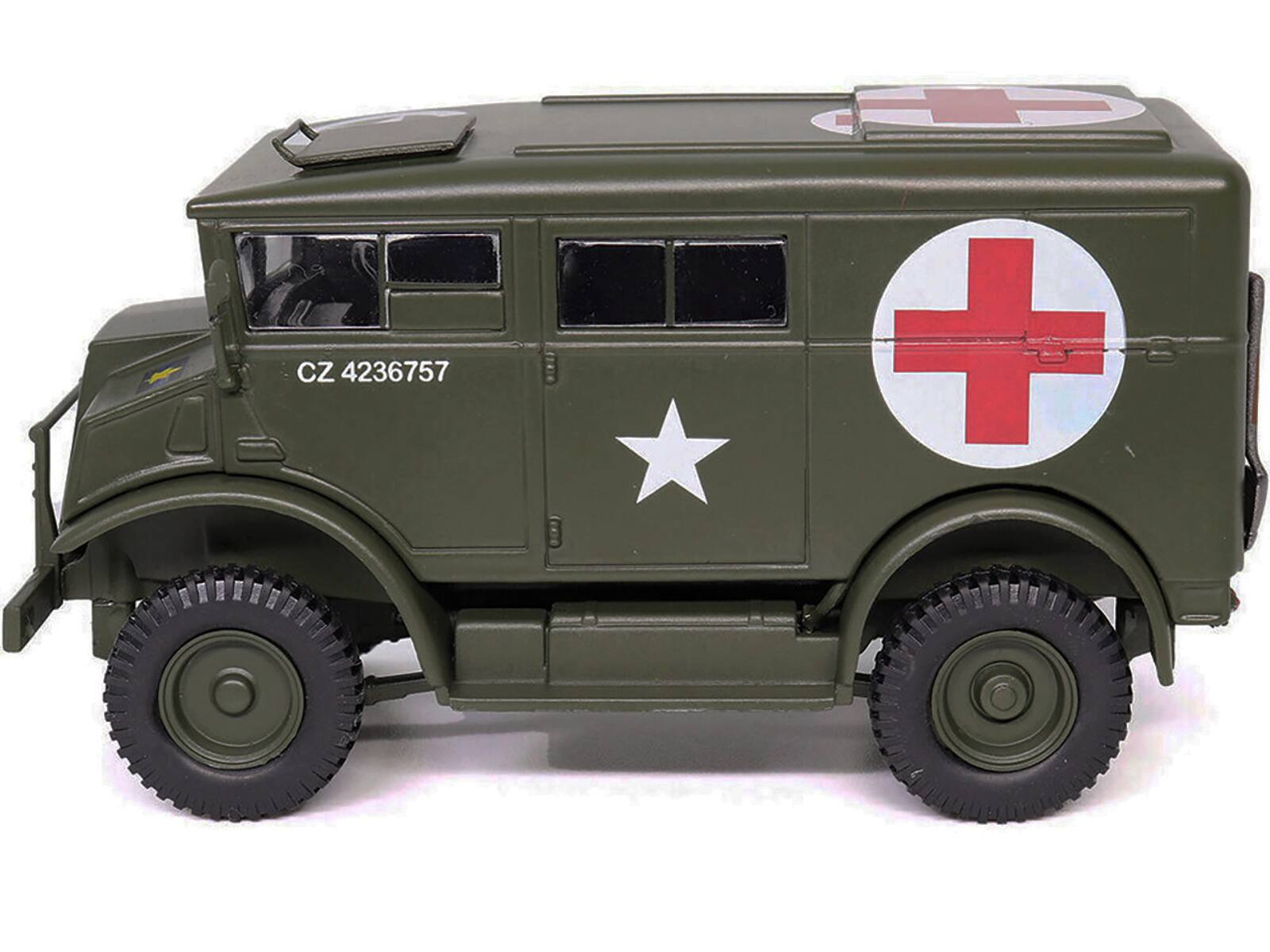 Angle. Militaria Die Cast - Chevrolet C8A Ambulance Olive Drab "United States Army" 1/43 Diecast Model by Militaria Die Cast - olive Green.