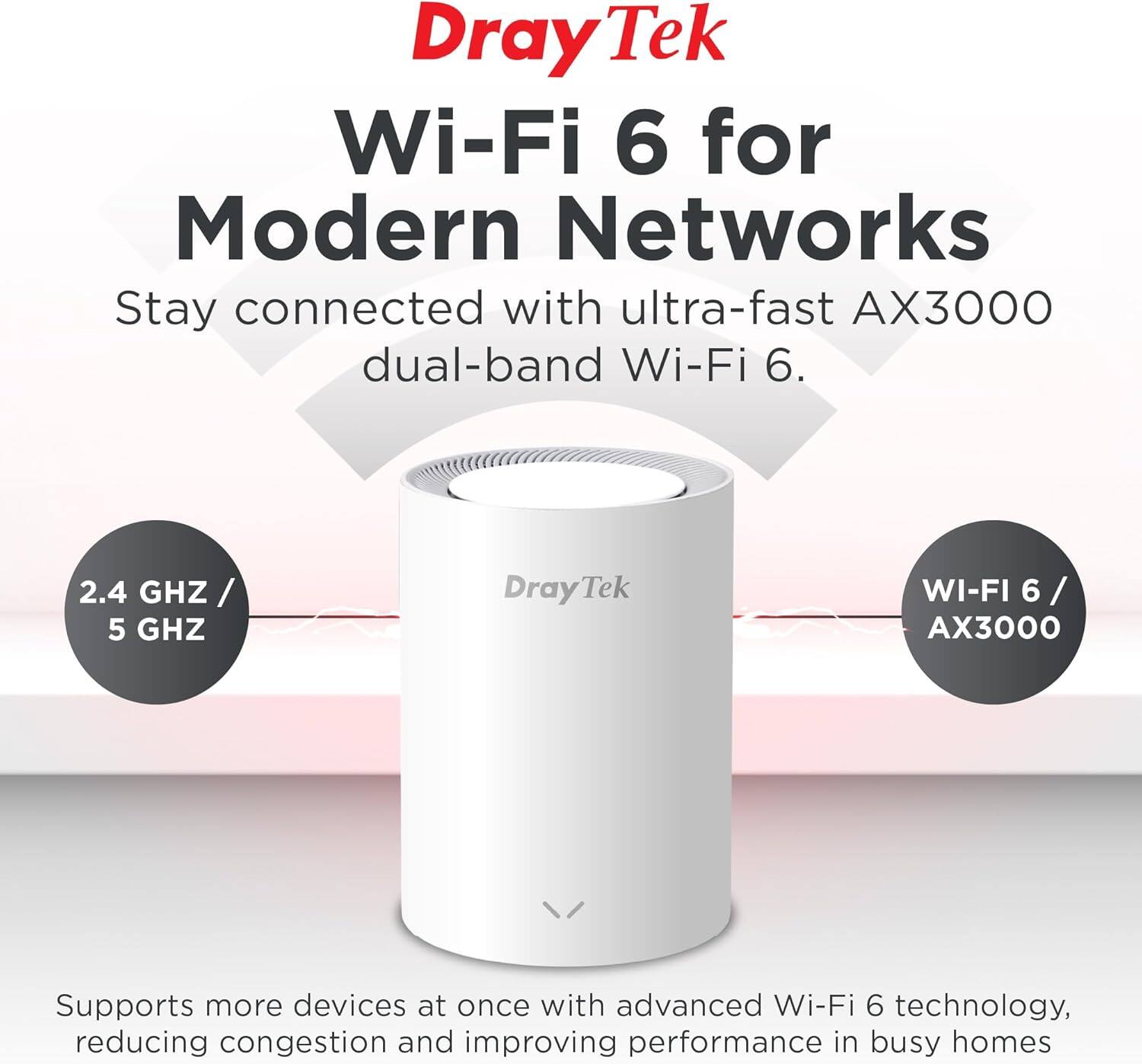 DrayTek Wi-Fi 6 for Modern Networks

Stay connected with ultra-fast AX3000 dual-band Wi-Fi 6.

2.4 GHz / 5 GHz

DrayTek WI-FI 6 / AX3000

Supports more devices at once with advanced Wi-Fi 6 technology, reducing congestion and improving performance in busy homes