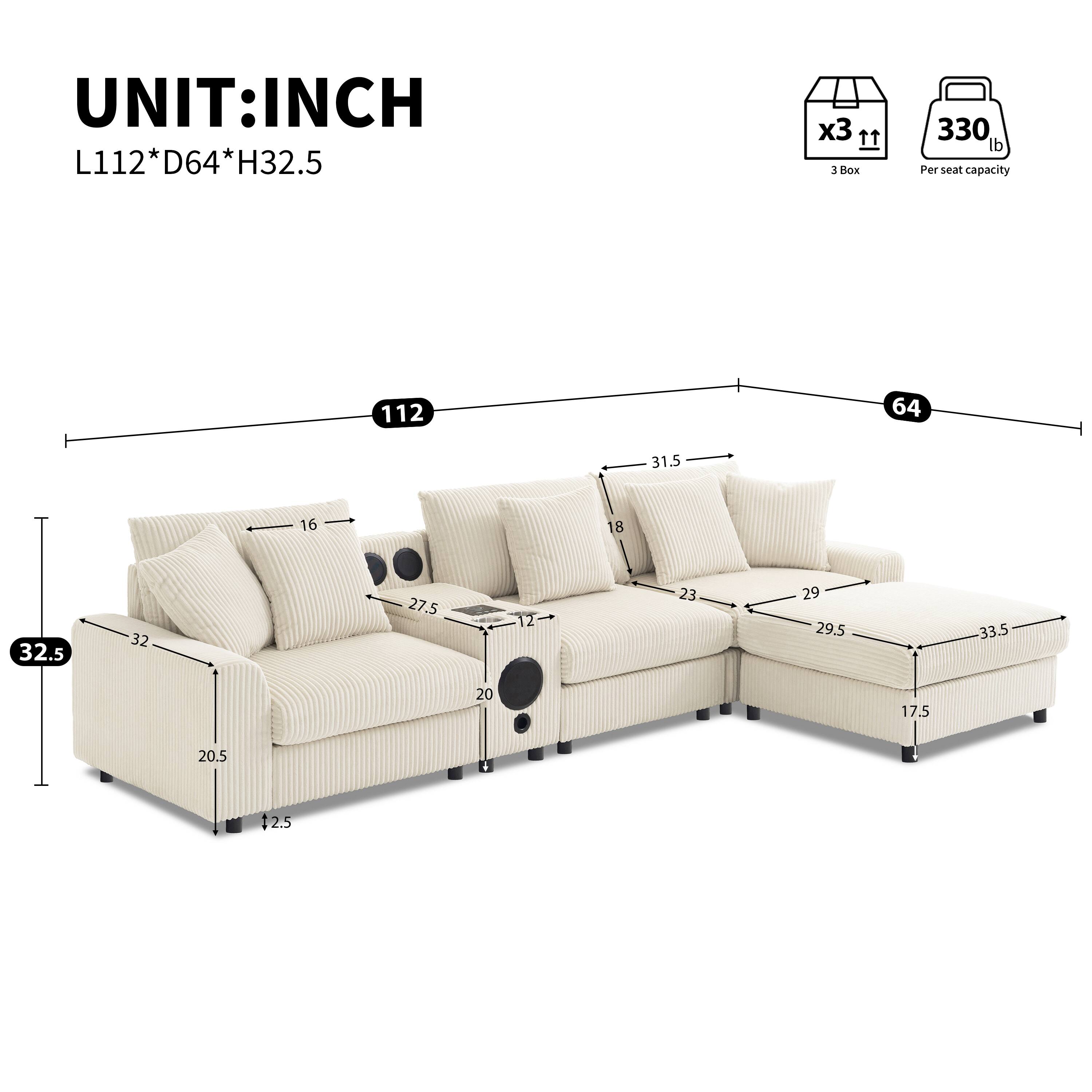 UNIT: INCH  
L112*D64*H32.5  

3 Box  
330 lb Per seat capacity  

112  
64  
31.5  
16  
18  
32.5  
32  
27.5  
12  
23  
29  
29.5  
33.5  
20  
17.5  
20.5  
+ 2.5