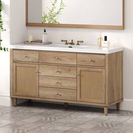 Boyel Living - 60 Inch Bathroom Vanity with SMC Sink Large Storage Cabinet Soft Close Drawers Rattan Doors Silver Knobs - Natural