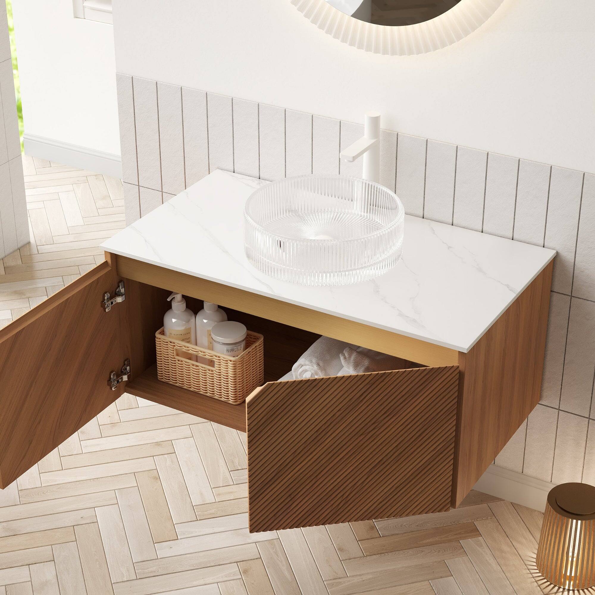 Alt View 2. Boyel Living - 36 Bathroom Vanity with Transparent Round Glass Vessel Basin Carrara White Sintered Stone Corolla Oak - Transparent.