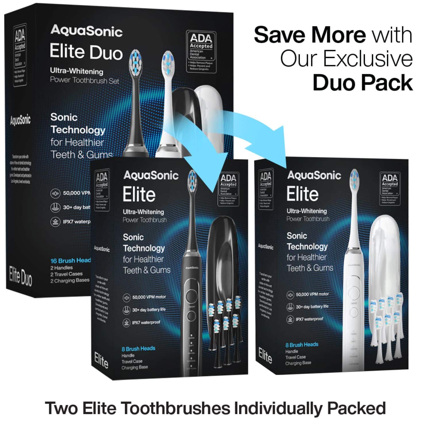 AquaSonic Elite Duo Ultra-Whitening Power Toothbrush Set
ADA Accepted
Sonic Technology for Healthier Teeth & Gums
50,000 VPM motor
30+ day battery life
IPX7 waterproof
16 Brush Heads
2 Handles
2 Travel Cases
2 Charging Bases
Save More with Our Exclusive Duo Pack
Two Elite Toothbrushes Individually Packed
AquaSonic Elite Ultra-Whitening Power Toothbrush
ADA Accepted
Sonic Technology for Healthier Teeth & Gums
50,000 VPM motor
30+ day battery life
IPX7 waterproof
8 Brush Heads
Handle
Travel Case
Charging Base
AquaSonic Elite Ultra-Whitening Power Toothbrush
ADA Accepted
Sonic Technology for Healthier Teeth & Gums
50,000 VPM motor
30+ day battery life
IPX7 waterproof
8 Brush Heads
Handle
Travel Case
Charging Base