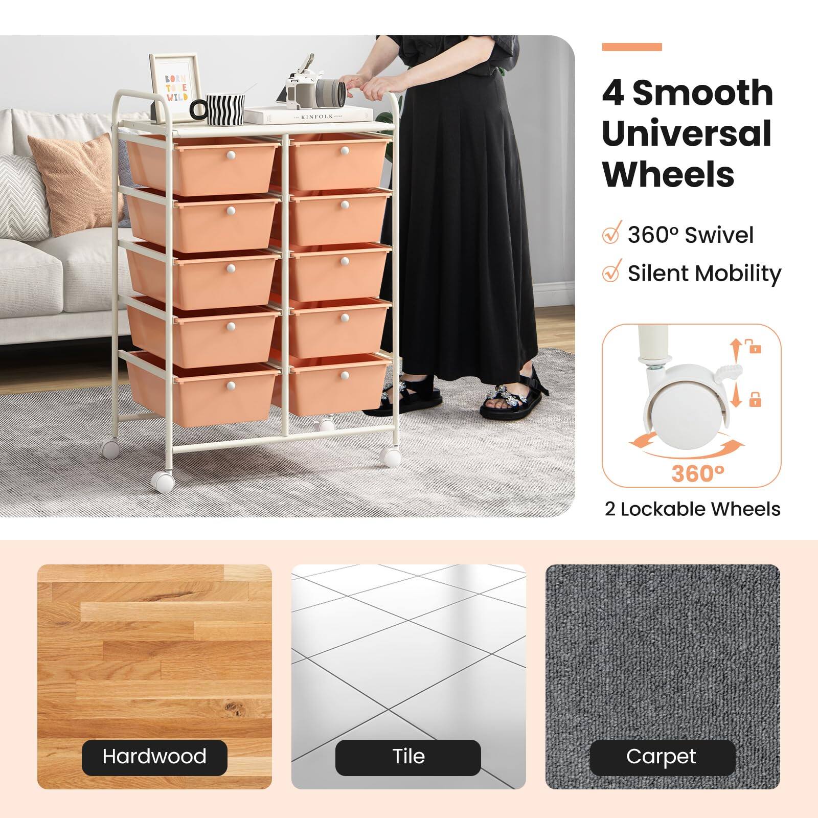 4 Smooth Universal Wheels  
- 360° Swivel  
- Silent Mobility  
- 2 Lockable Wheels  

Hardwood  
Tile  
Carpet