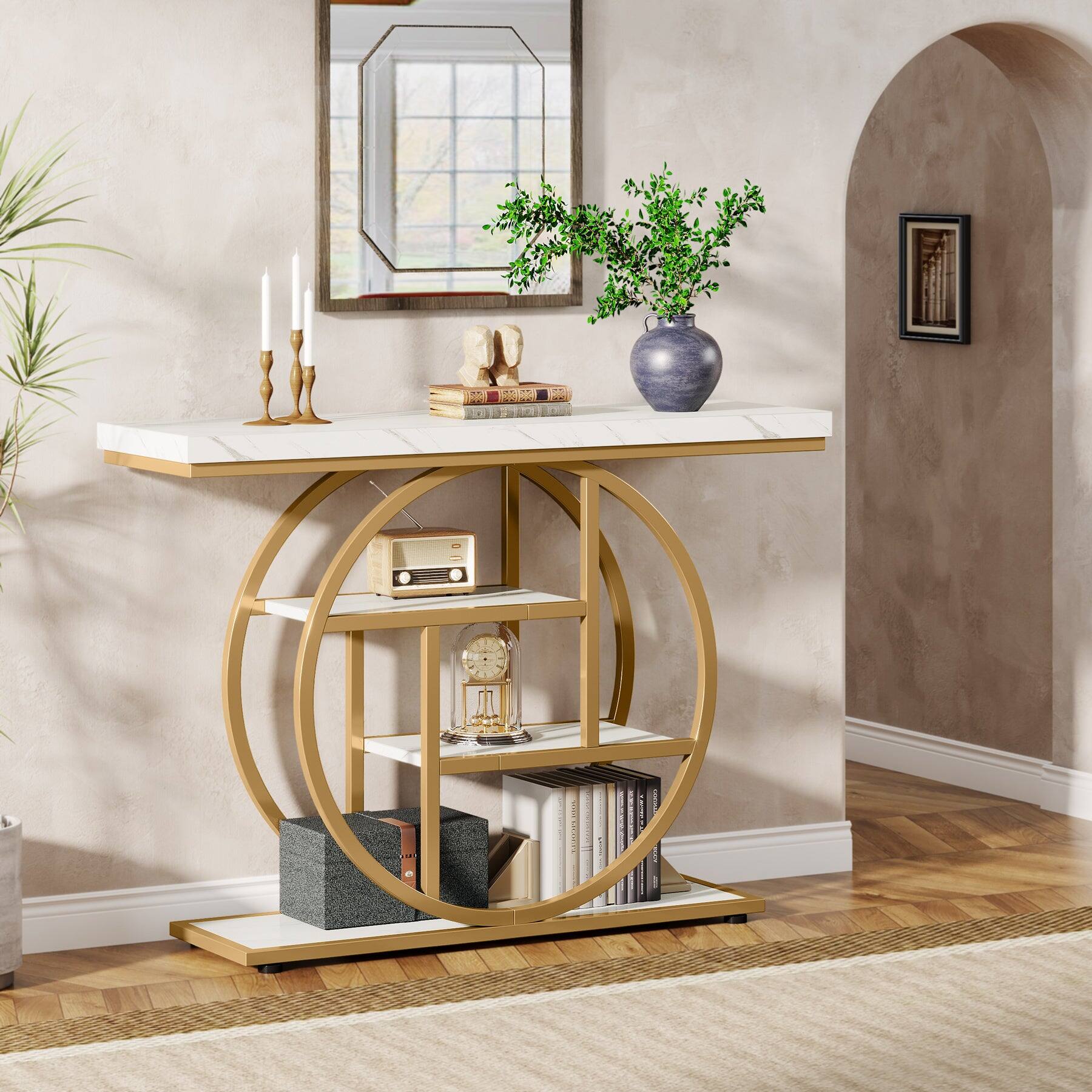 Back. Tribesigns - Console Table with Storage Shelves and Space-Saving Design for Entryway, Hallway and Living Room - White.