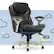 The image features a black leather office chair with a silver base, placed on wheels. The chair is positioned in front of a blue background with white clouds. The Serta logo is visible in the bottom right corner of the image, indicating that the chair is part of the Serta brand, known for its comfortable and high-quality products.