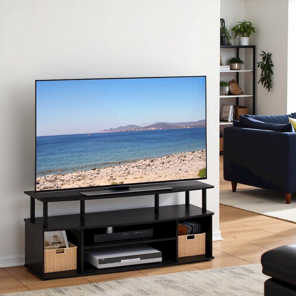 Angle. FurniFact - TV Stand with 3 Open Shelves, 2 Cabinets, for Up to 55 Inch TV - Blackwood.
