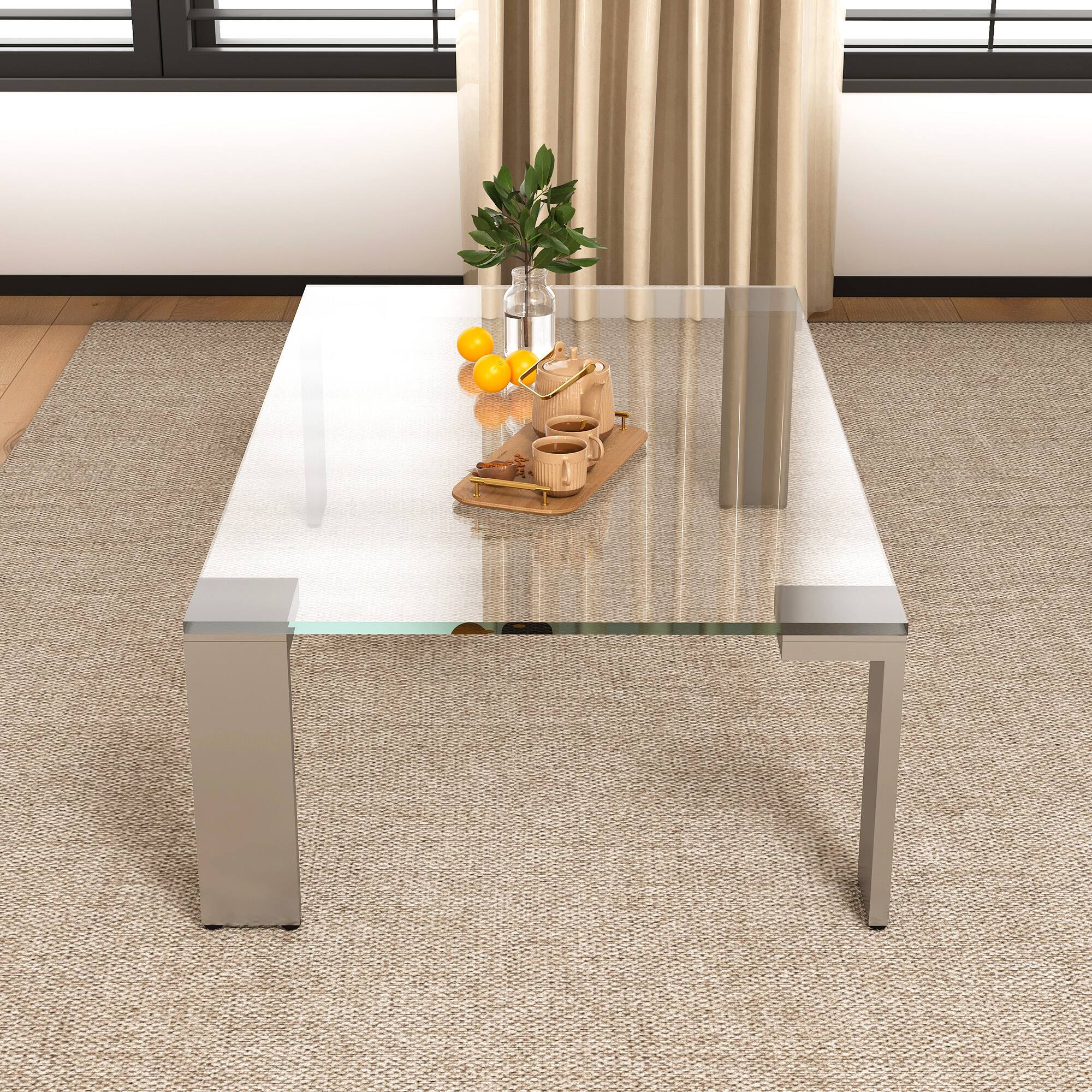 Alt View 1. luck idea - Modern Tempered Glass Coffee Table with Stainless Steel Legs, 47.2" Rectangular Clear Table for Living Room - Clear Glass.