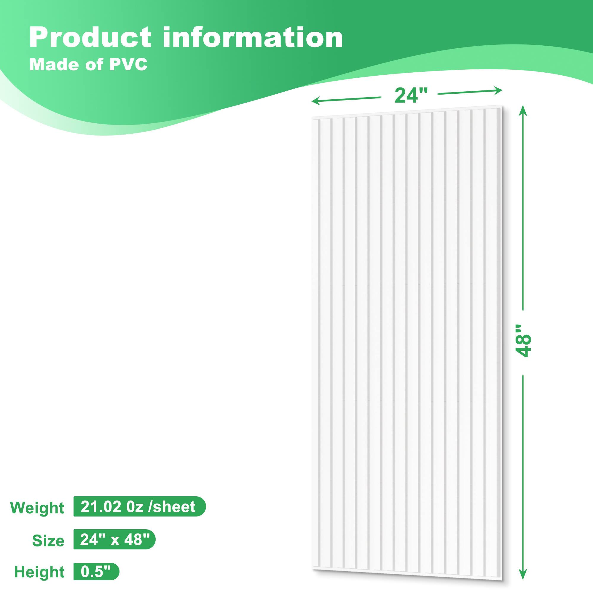 Product information  
Made of PVC  

Weight: 21.02 oz/sheet  
Size: 24" x 48"  
Height: 0.5"