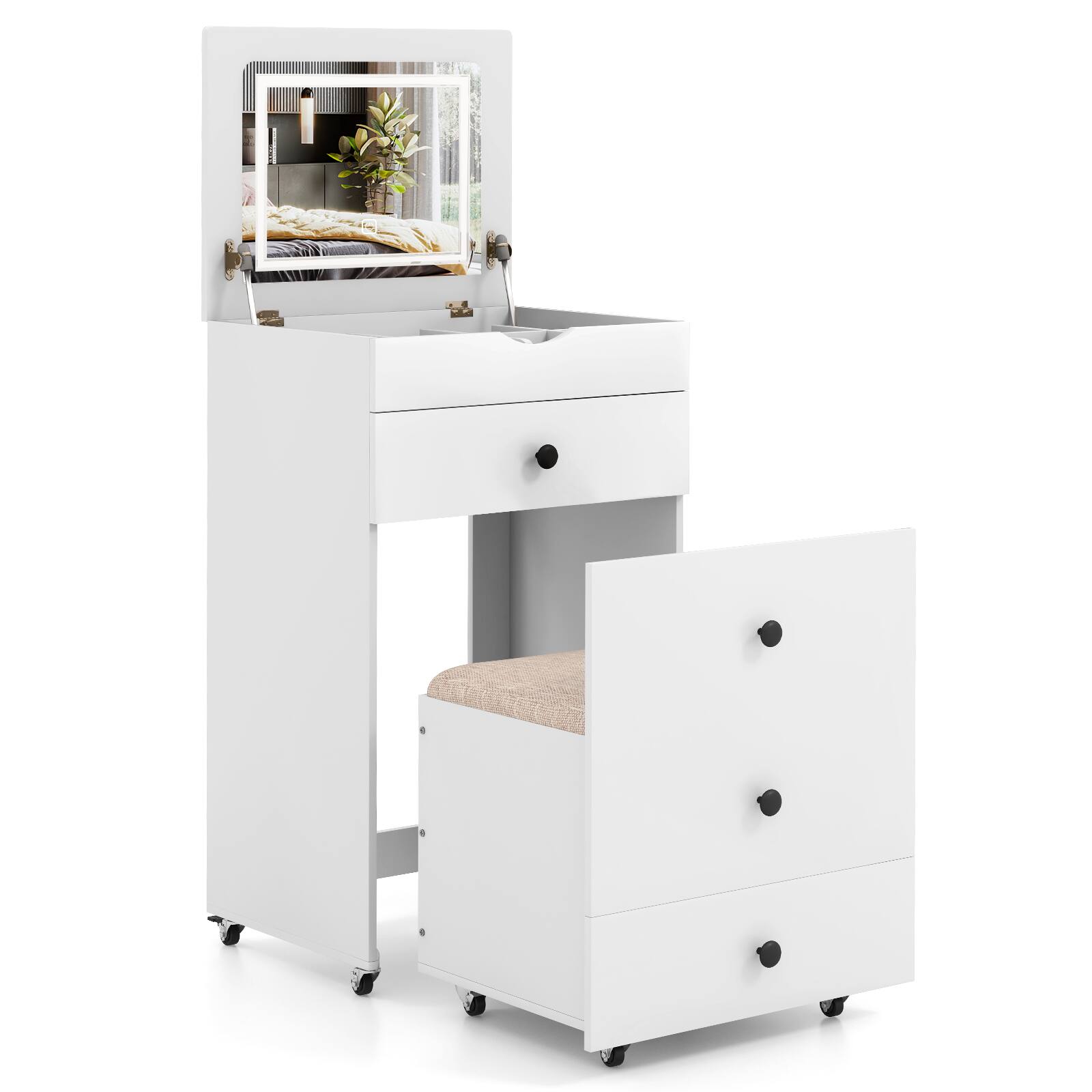 Front. Ecooso - 3-in-1 Vanity Table Set with Flip Up Mirror Cushioned Stool and Storage Organizer - White.
