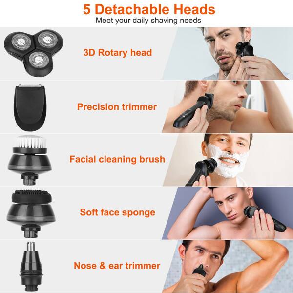 5 Detachable Heads  
Meet your daily shaving needs  

- 3D Rotary head  
- Precision trimmer  
- Facial cleaning brush  
- Soft face sponge  
- Nose & ear trimmer