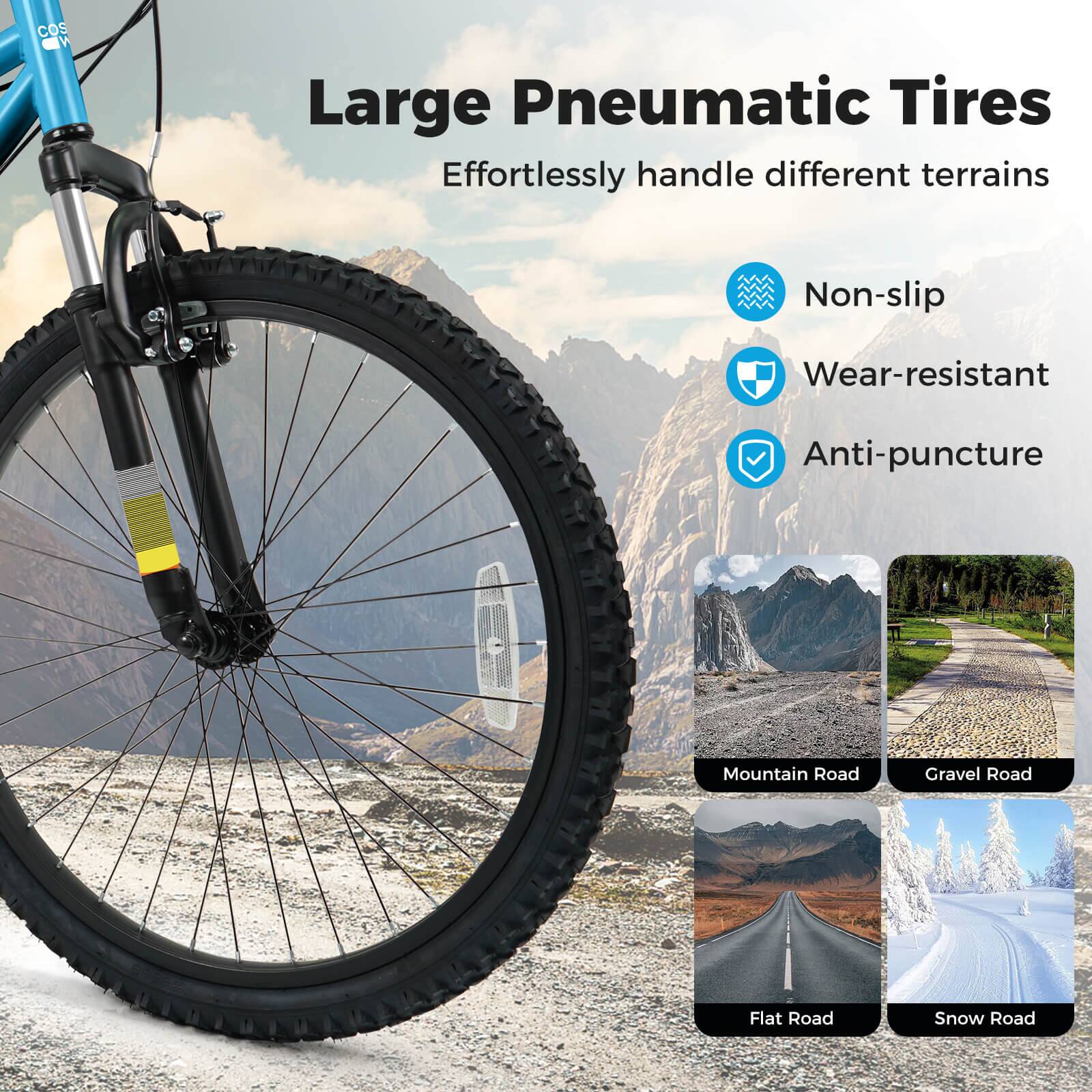 Large Pneumatic Tires  
Effortlessly handle different terrains

- Non-slip
- Wear-resistant
- Anti-puncture

Mountain Road  
Gravel Road  
Flat Road  
Snow Road
