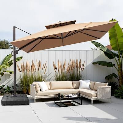Alt View 8. Crestlive Products - Crestlive Products 11x11ft Aluminum Double Top Crank Cantilever Patio Umbrella with Base - Brown.