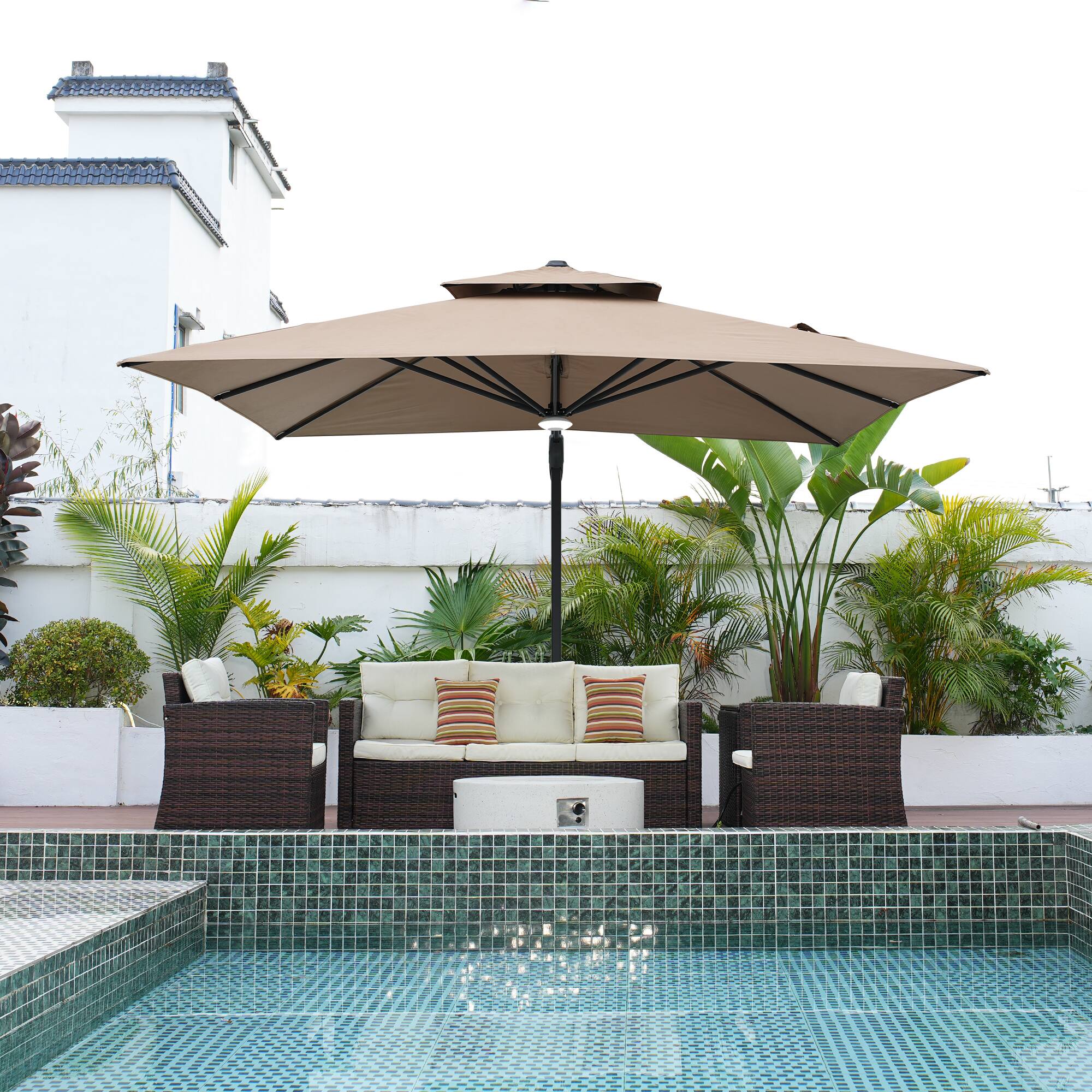 Alt View 4. Mondawe - 10 x 10ft Square Cantilever Umbrella with Base & Bluetooth Audio Atmosphere Light - Tan.