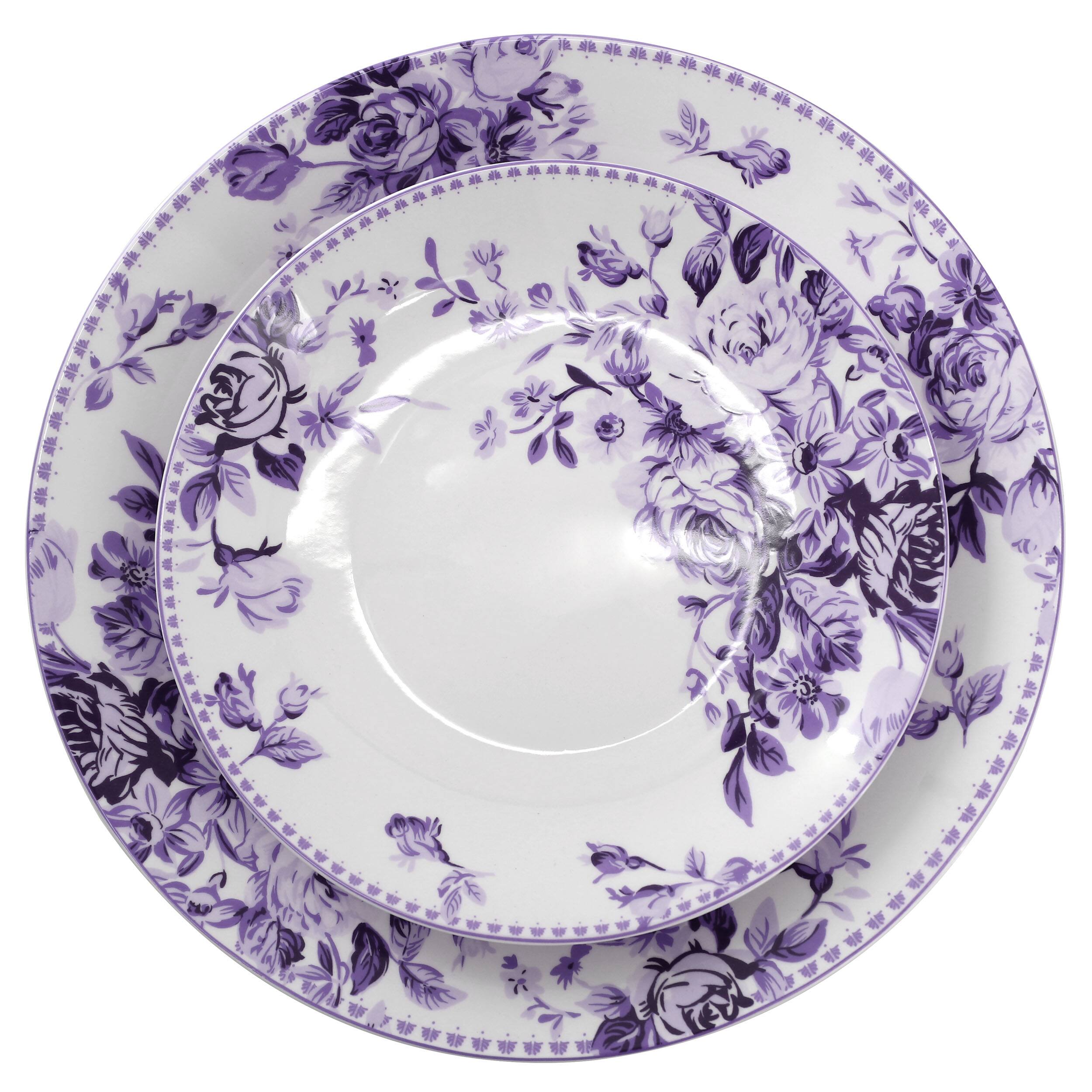 Alt View 2. Elama - Elama Traditional Purple Rose 16 Piece Stoneware Dinnerware Set - White and Purple.