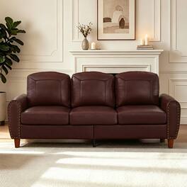 Ropilly - 81.5 Inch Faux Leather Sofa, Burgundy 3 Seat Rolled Arm Couch with Solid Wood Legs - Burgundy