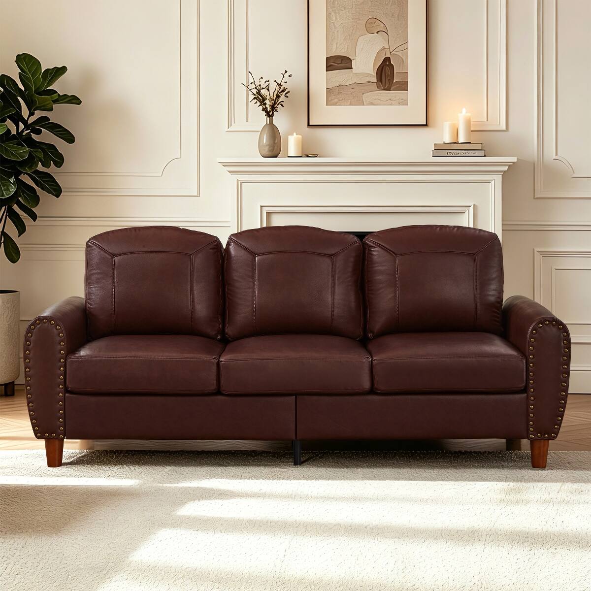 Front. Ropilly - Ropilly 81.5 Inch Faux Leather Sofa, Burgundy 3 Seat Rolled Arm Couch with Solid Wood Legs - Burgundy.