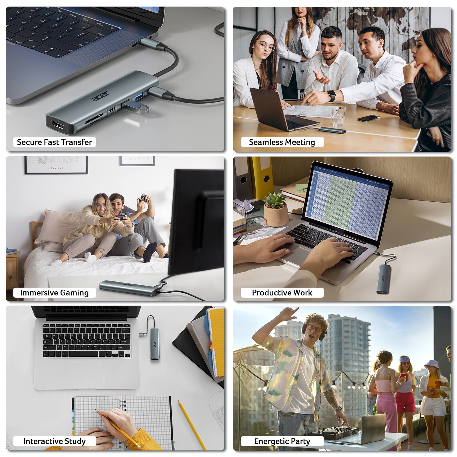 Sure, here is the corrected and grouped text:

- Secure Fast Transfer
- Seamless Meeting
- Immersive Gaming
- Productive Work
- Interactive Study
- Energetic Party