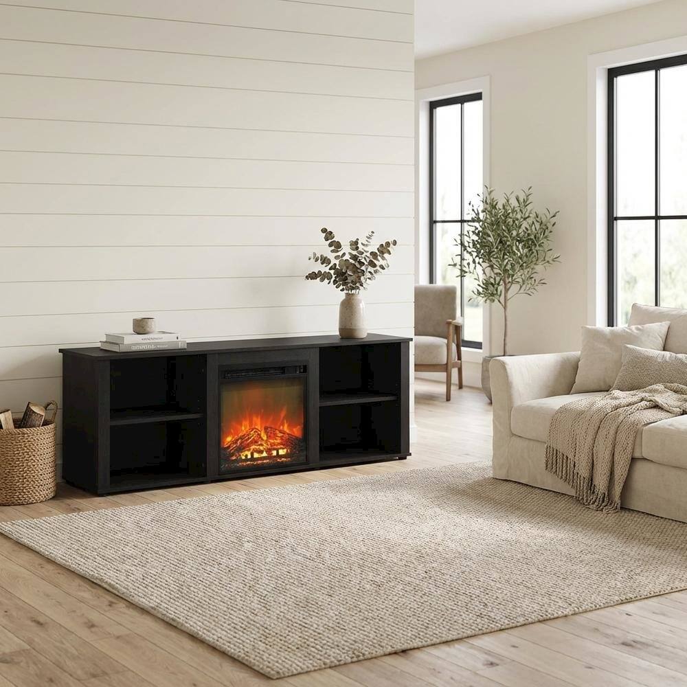 Alt View 2. FurniFact - Wood TV Stand with Fireplace, Americano Finish, 70-Inch Wide - Black.