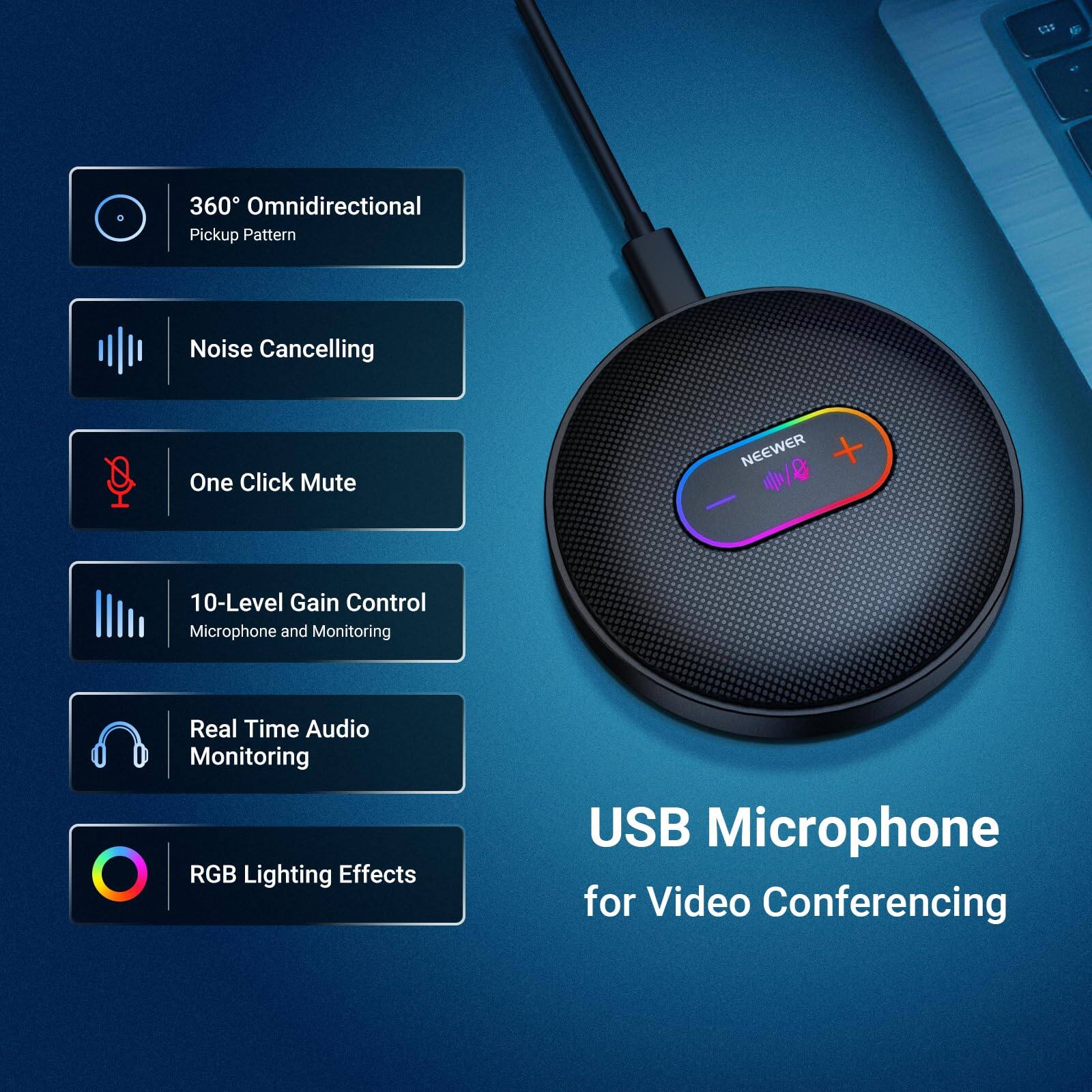 1E 360 Omnidirectional Pickup Pattern Noise Cancelling One Click Mute NEWEER /O 10-Level Gain Control Microphone and Monitoring Real Time Audio Monitoring RGB Lighting Effects USB Microphone for Video Conferencing