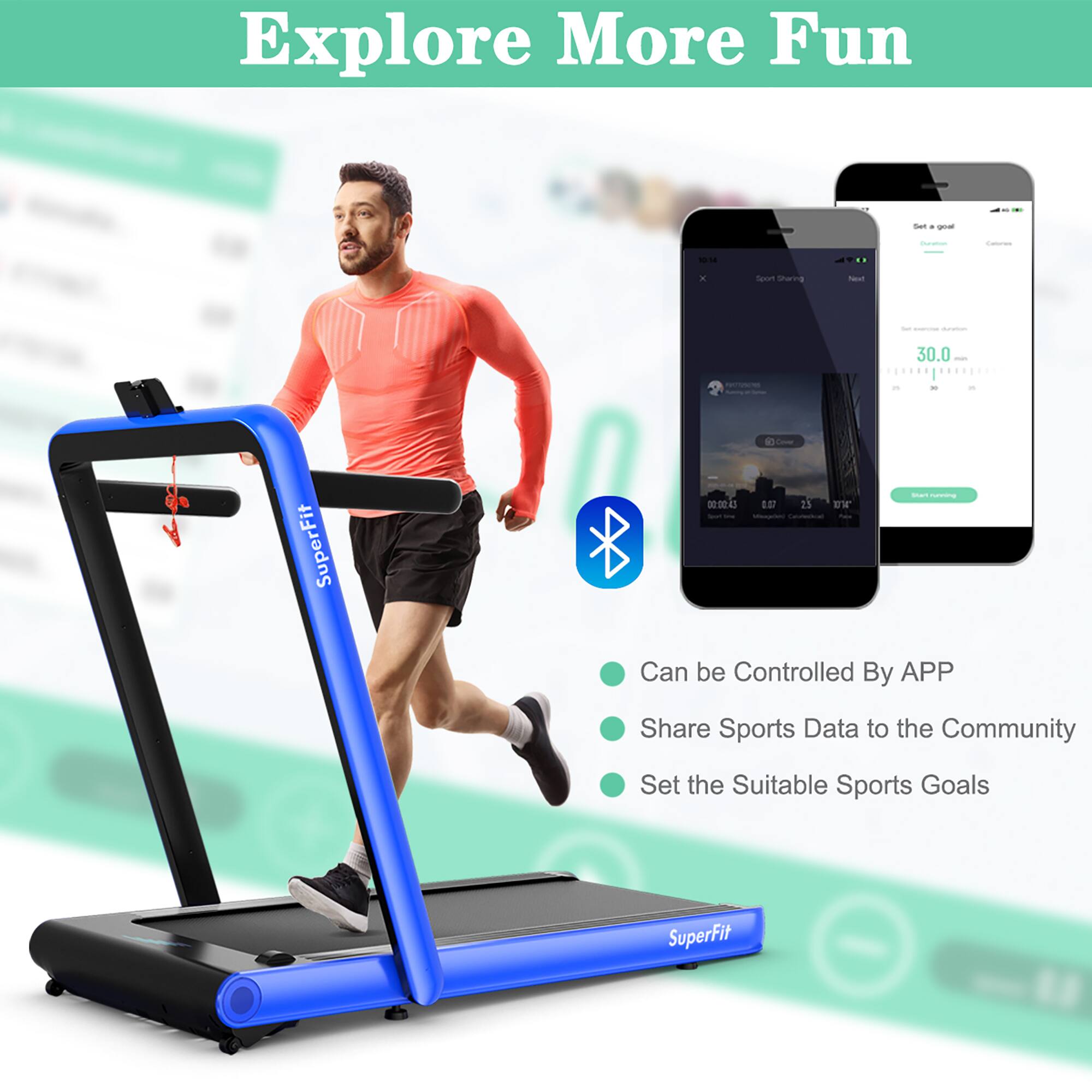 Explore More Fun - Sen. - Spurt Sharing Net - 30.0 - 4n - SuperFit - 0 25 EV - Can be Controlled By APP - Share Sports Data to the Community - Set the Suitable Sports Goals - SuperFit
