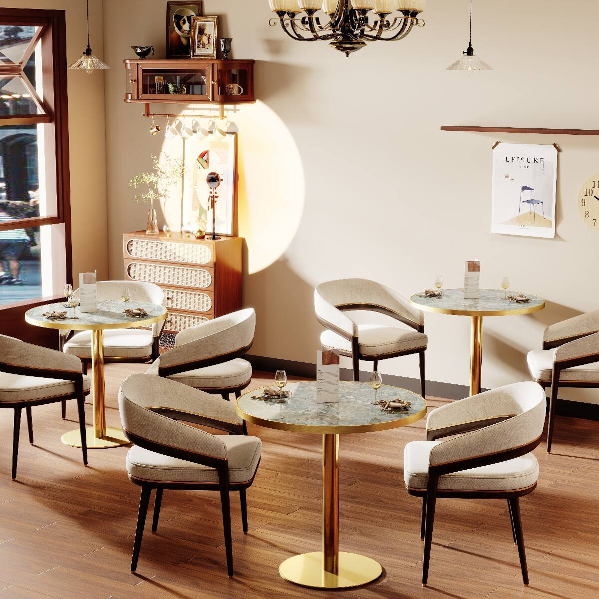Alt View 2. Loheer - Loheer 31.5 inch Round Dining Table with Sintered Stone Tabletop and Gold Tone Base - Green and Gold.