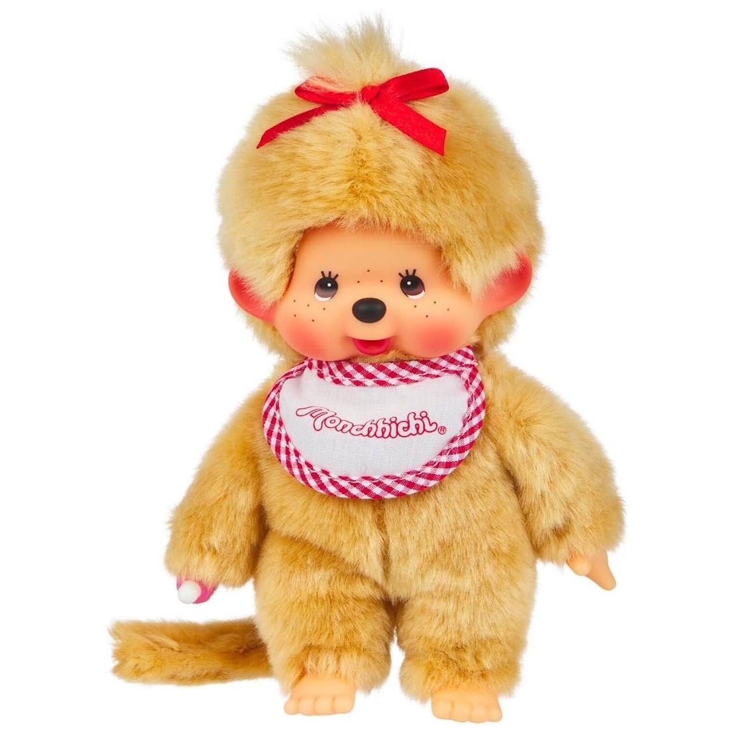 Alt View 1. Monchhichi - Monchhichi: Beige Girl Plush Toy - Red Bib.