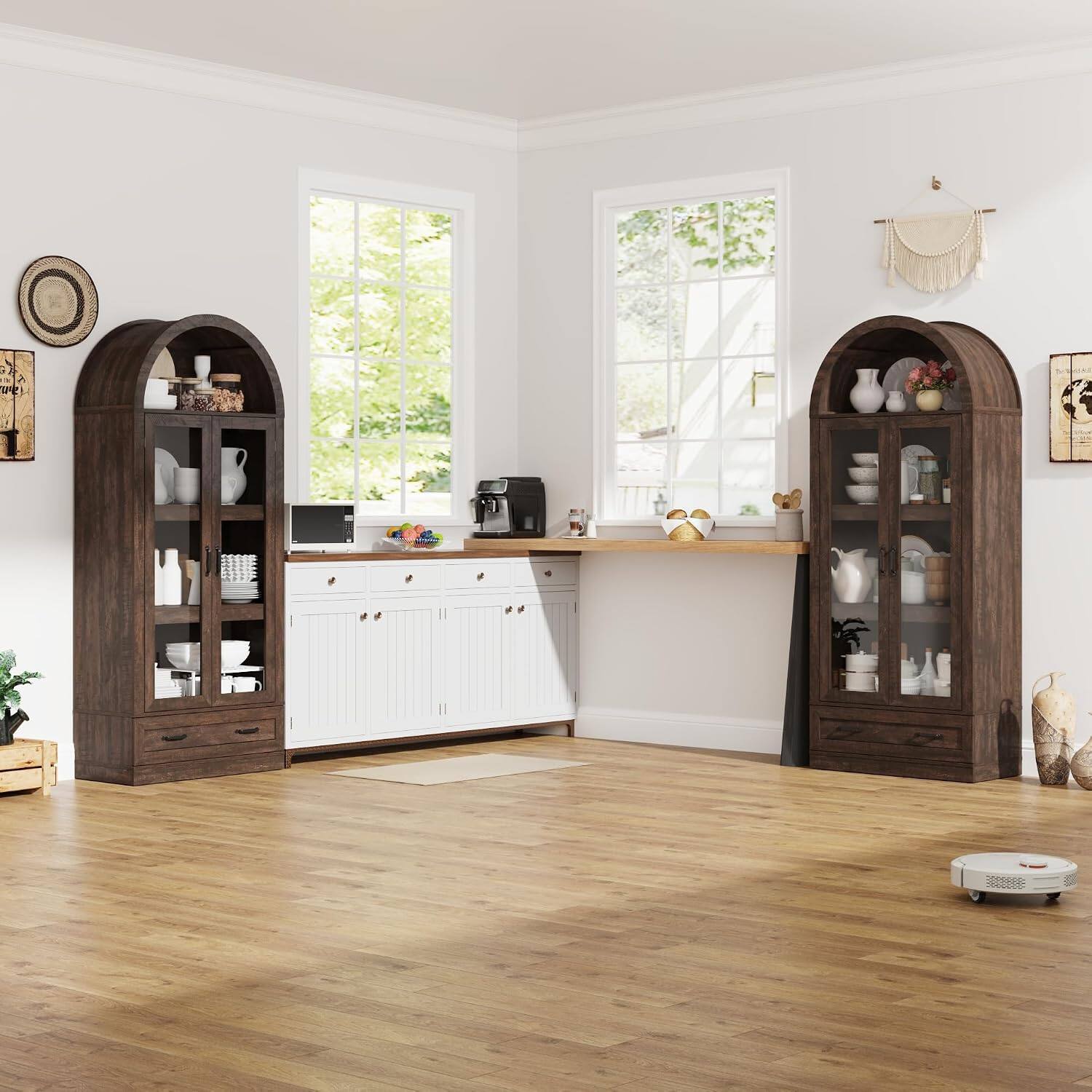 Alt View 3. Espafurni - 75" Tall Arched Kitchen Pantry Cabinet with Steel Pipe Support, Glass Doors & Drawer - Rustic Brown.