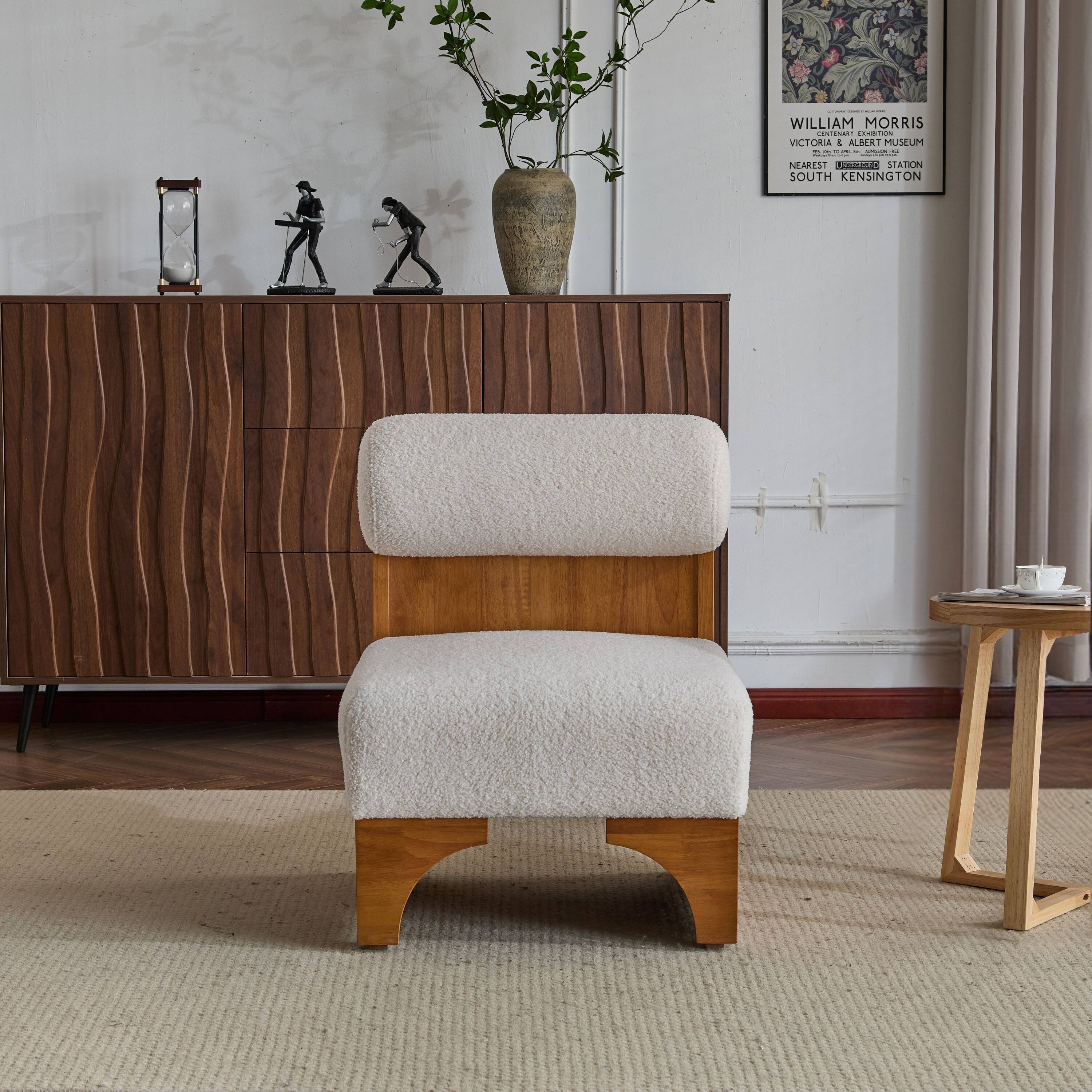 Back. TinyHomie - Modern Boucle Lounge Chair Solid Wood Frame Rolled Backrest - white.